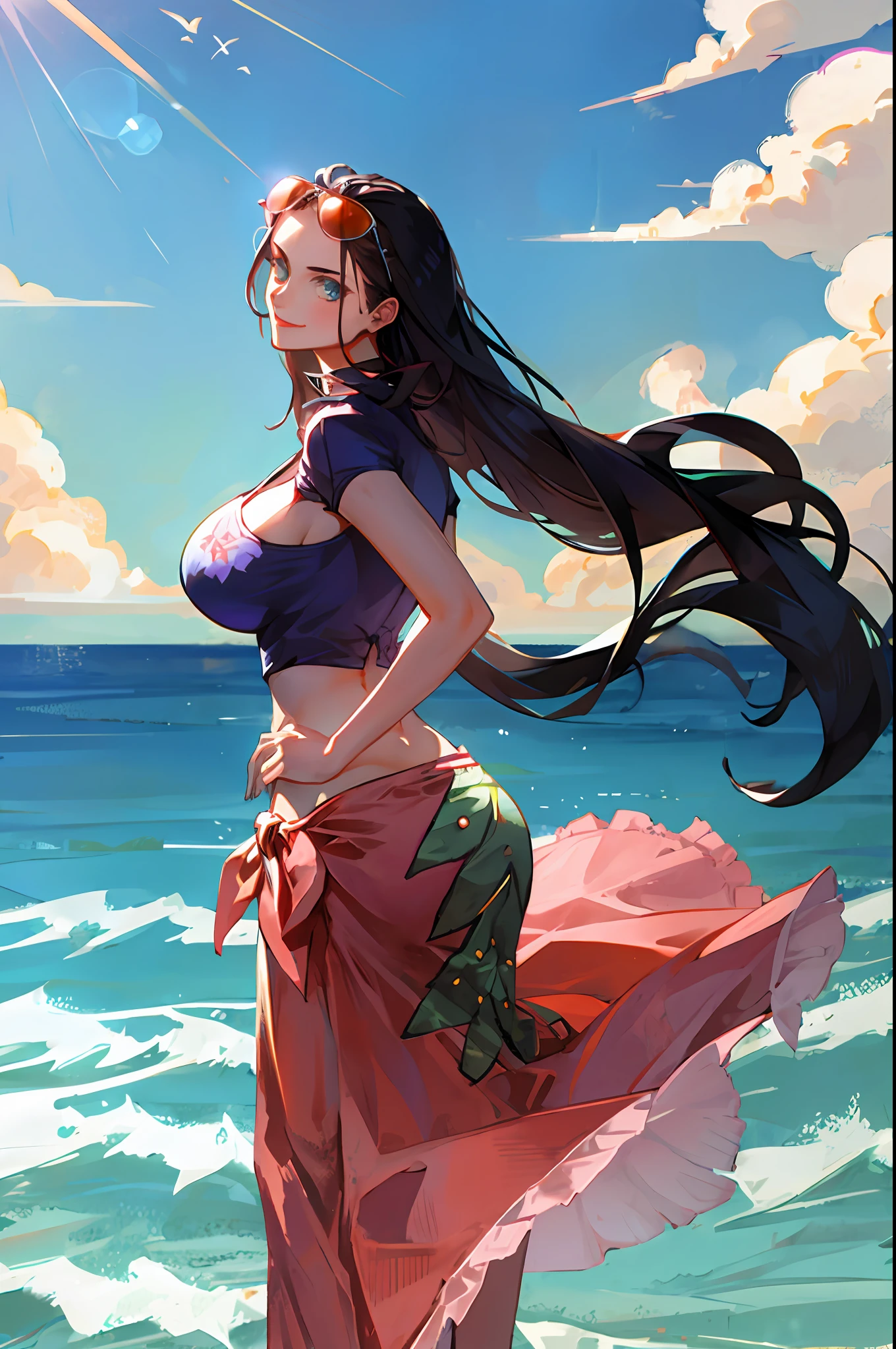 Anime girl standing on the beach with her long hair blowing in the wind -  SeaArt AI