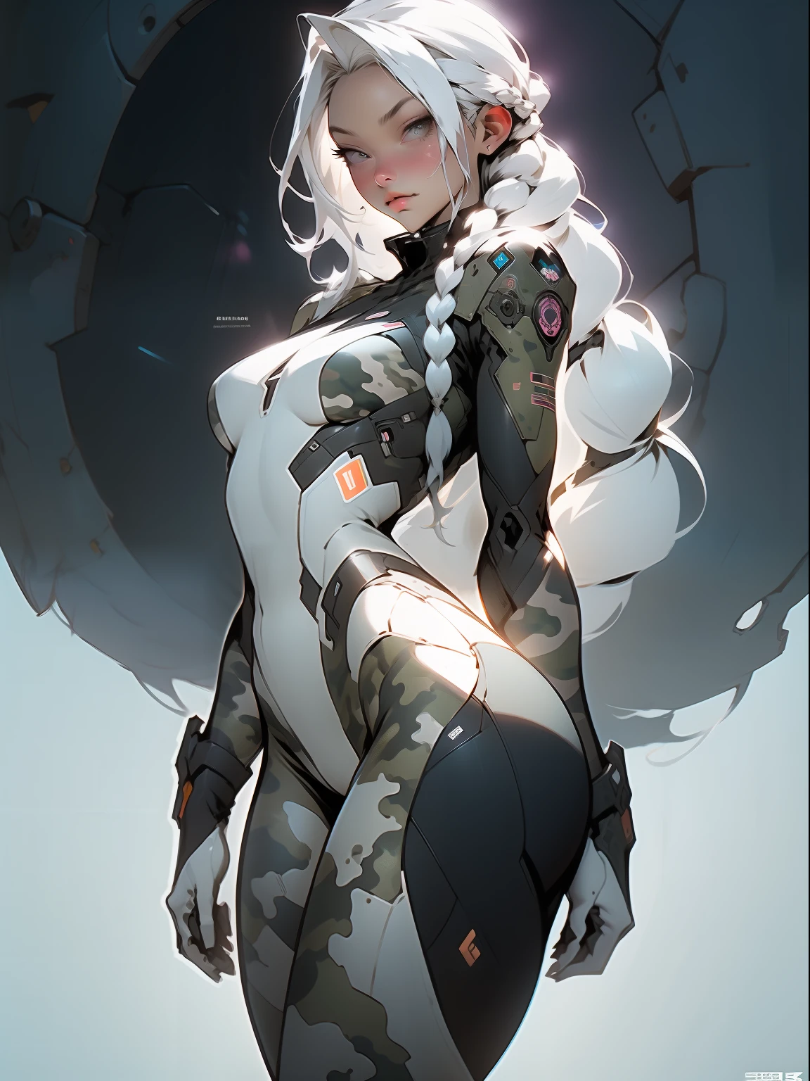 ((Best quality)), ((masterpiece)), (detailed: 1.4), (Absurd), War-ready female fighter pilot with military helmet, Marine, dark skin, defined muscular sculptural body, full body, bare half-thick thighs, closed mouth, muscular body covered in technological clothing, cyberpunk, semi naked, generous neckline, ((perfect medium breasts)), (super light blue eyes without pupils), (((military camouflage clothing)),  (((white hair with braid)))), long eyelashes heavy makeup, garter belt, by mucha, niji --V5, close to real, psychopathic, crazy face, sexy pose, background with a giant head of Neon style robot Genesis evangelion, 2 piece clothing, shoulder pads with airplane wings, pastel, centered, scale to fit the dimensions, HDR (High Dynamic Range),Ray Tracing, NVIDIA RTX,Super-Resolution,Unreal 5,Subsurface Dispersion, PBR Texture, Post-processing, Anisotropic filtering, Depth of field, Maximum clarity and sharpness, Multilayer textures, Albedo and specular maps, Surface shading, Accurate simulation of light-material interaction, Perfect proportions, Octane Render, Two-tone lighting, Wide aperture, Low ISO, White balance, Rule of thirds, 8K RAW, crysisnanosuit