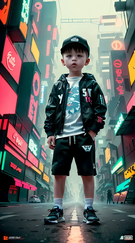 chibi style, 1 cute little baby boy with sport clothes, street, cyberpunk