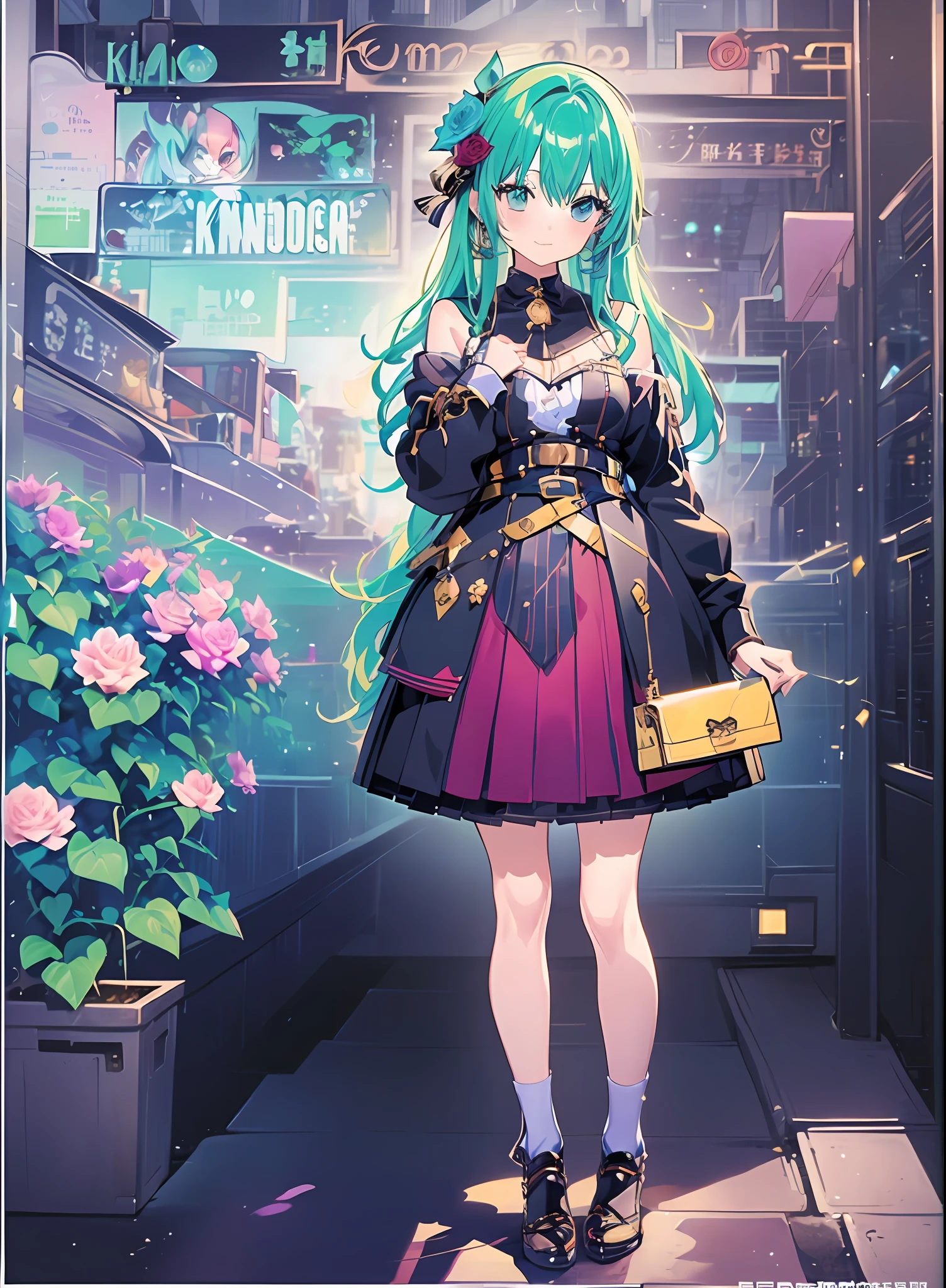 andromède_KonGacha, ((Konmutsuki_Gacha_série1, punk_rosette))), jolie fille, fleurs de couleur aqua, (tout le corps), fond de fleurs élégantes