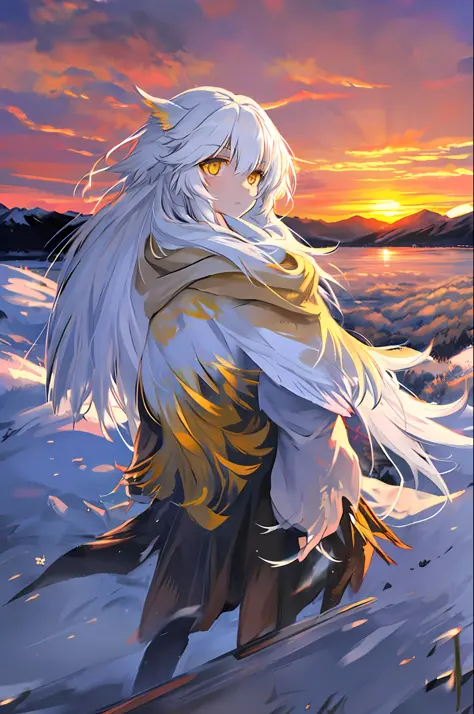 1girl, yellow eyes, white hair, messy hair, snowy mountains, sunrise on the horizon