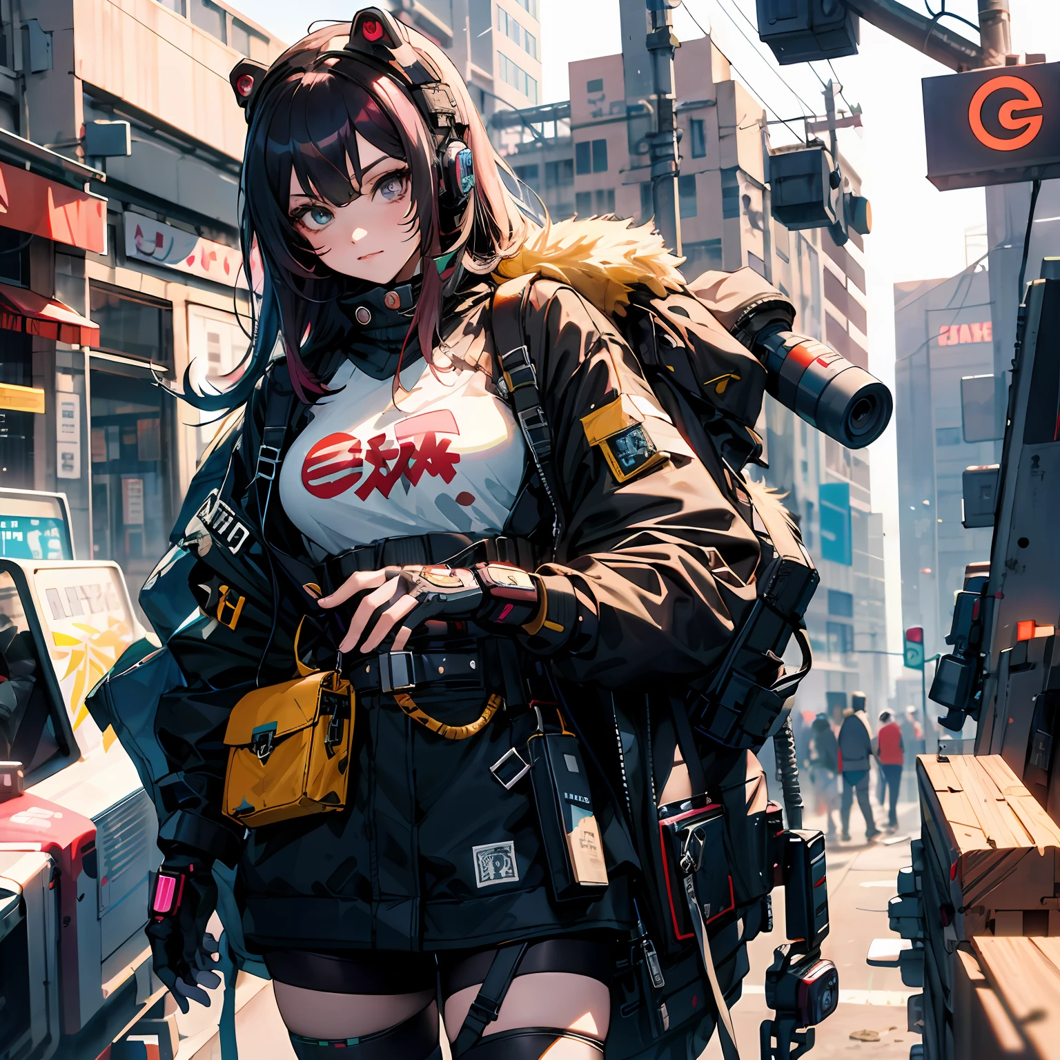 Anime girl with a gun and a backpack walking down a street - SeaArt AI