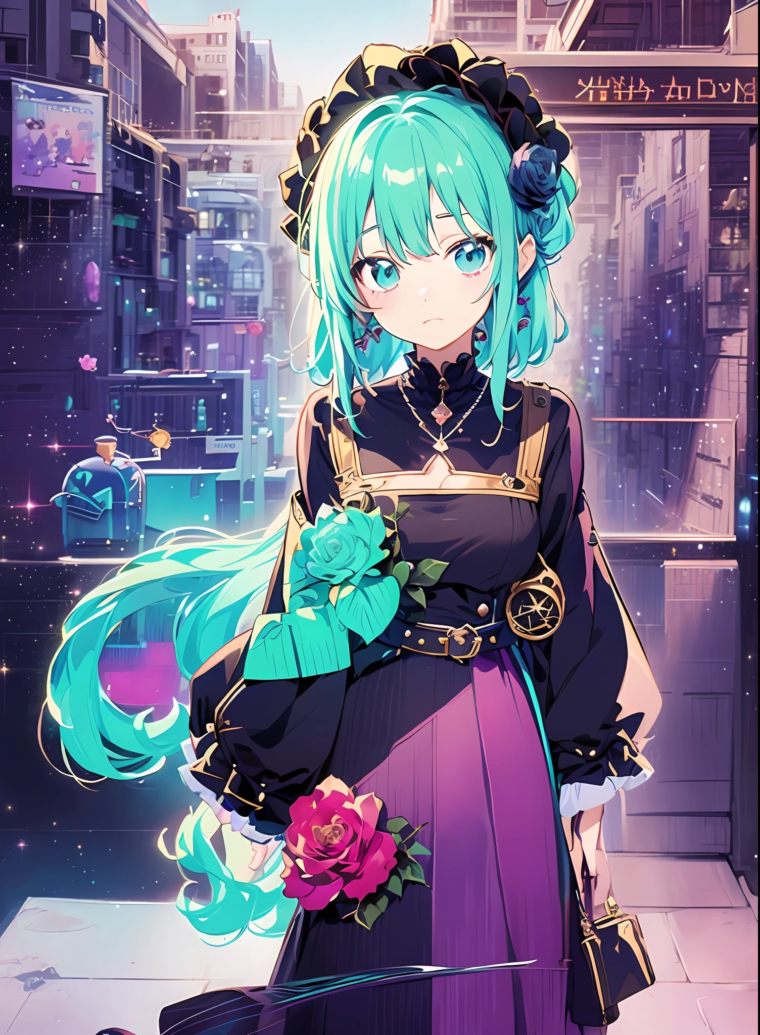 Andromeda_Kongacha, ((Konmutsuki_gacha_series1, punk_rosette))), cute girl, aqua color flowers, (full body), elegant flowers background