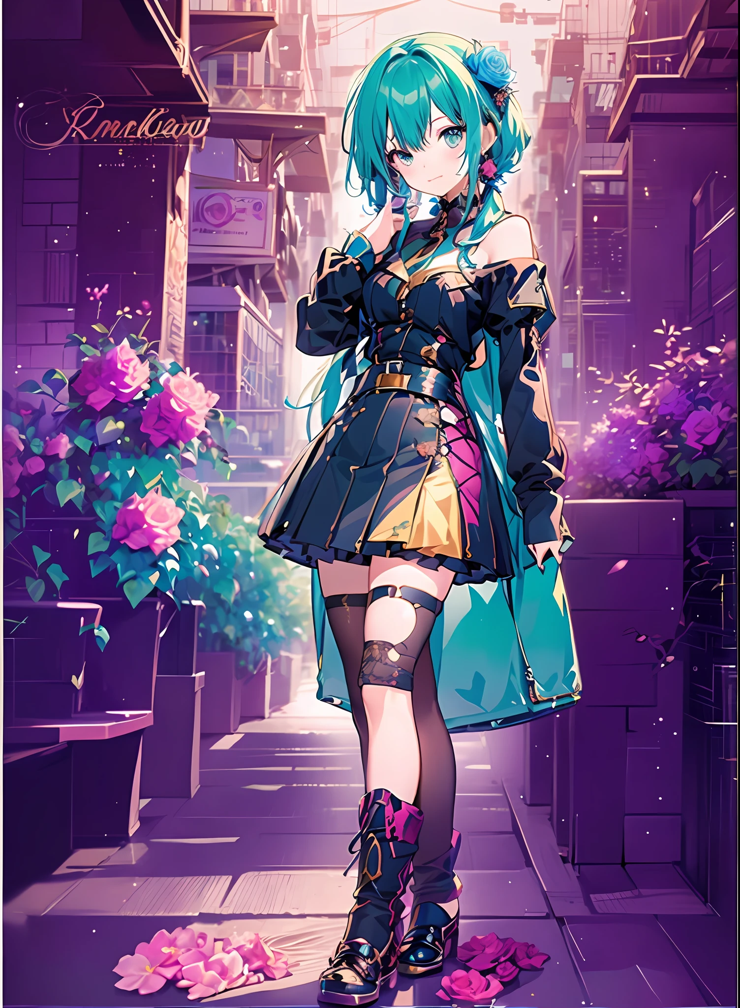 Andromeda_Kongacha, ((Konmutsuki_gacha_series1, punk_rosette))), cute girl, aqua color flowers, (full body), elegant flowers background