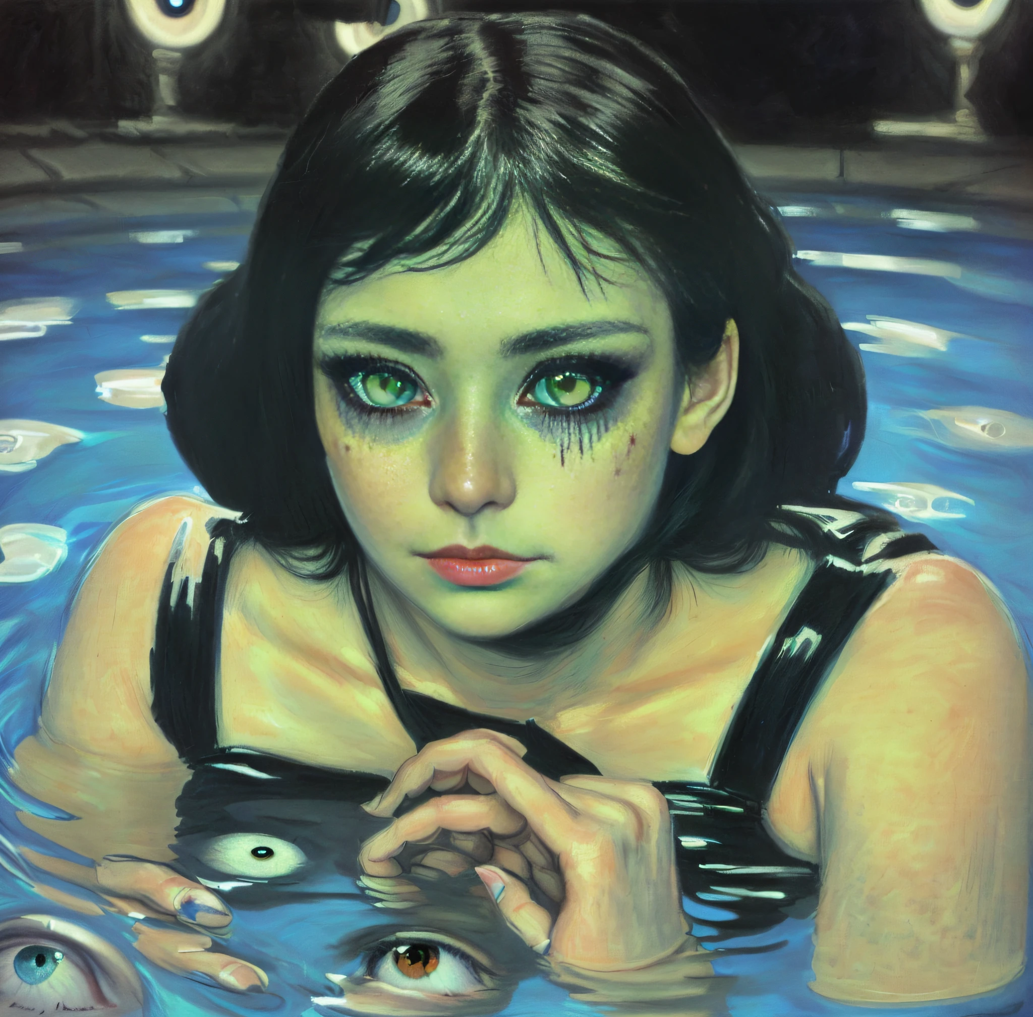 Da liegt eine Frau mit Augen in einem Wasserbecken, by Ayami Kojima, bedeckt mit menschlichen Augen, inspiriert von Laurie Lipton, zahlreiche schwach leuchtende Augen, Mädchen mit weißen Augen, chie yoshii, inspiriert von Ryohei Hase, Horror surreale Kunst, Hunderte von Augen, by Grete Stern, unheimlich!!, unheimlich surrealism, Beängstigend, verrückter Ausdruck, richtig machen , richtige Augen, richtige Hände, sehr detaillierte Augen