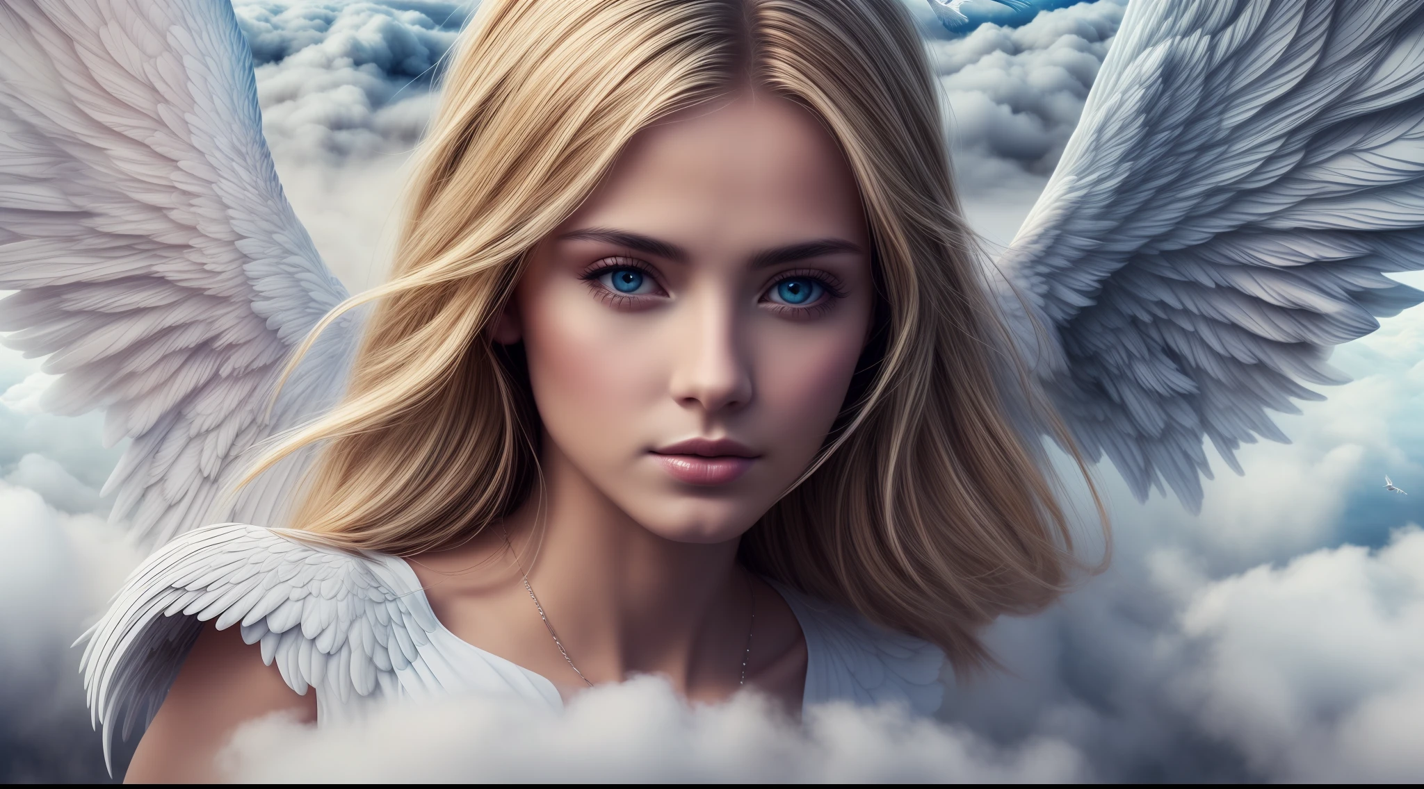 an angel, very beautiful, with white angel clothes, (((flying over the clouds))), ((big wings)), realistic, cinematic, portrait