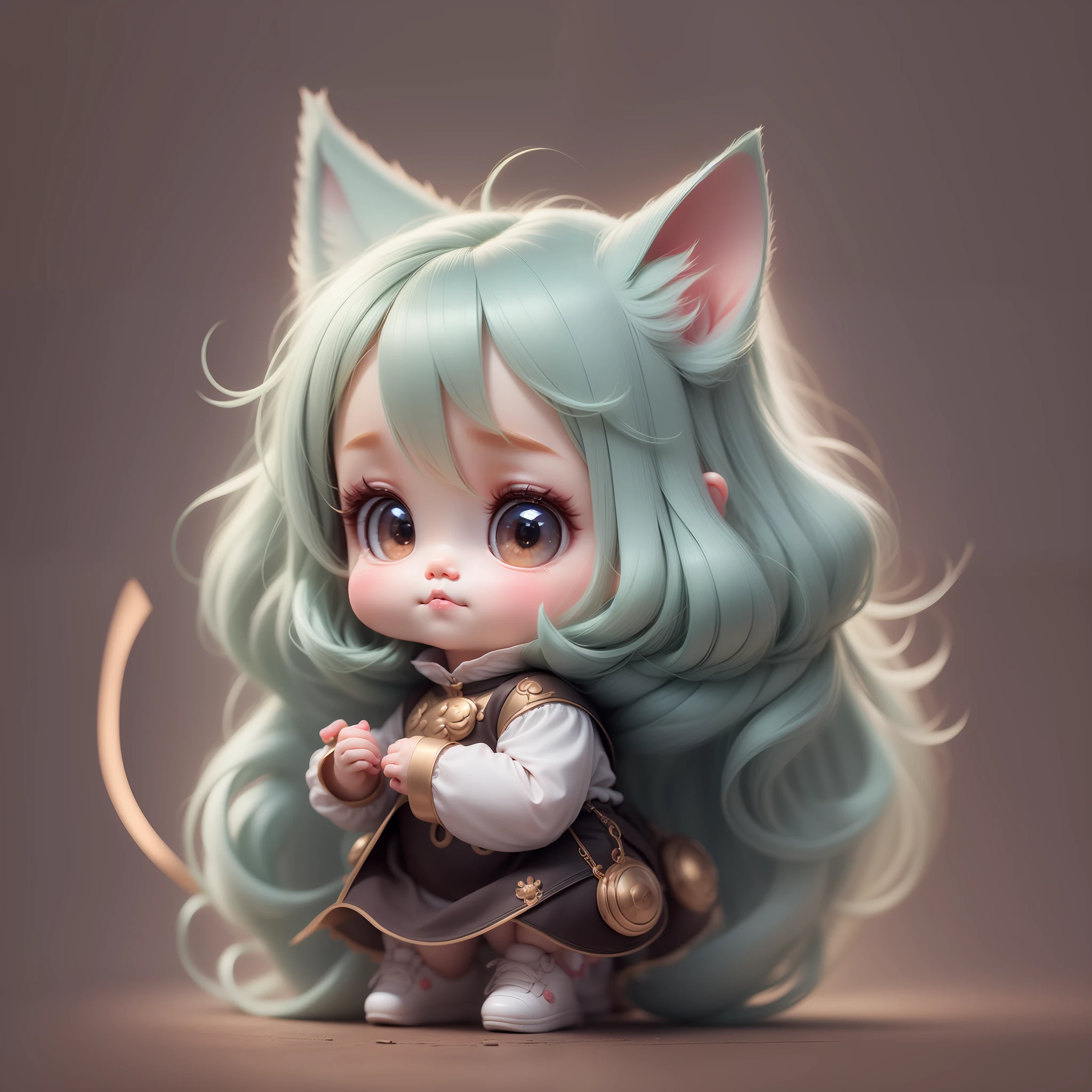 Best quality，Super cute art style)。In the beautiful chibi style, Draw a cute character。She is normal and playful, Squat there with both hands and feet。