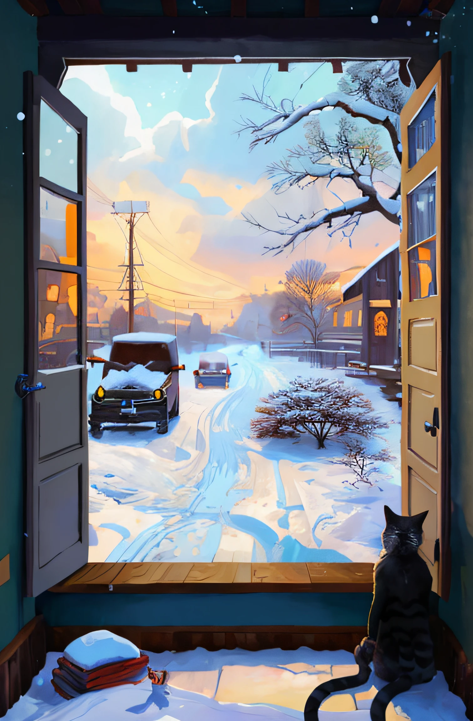 there is a cat sitting on the floor looking out of a window, Arte conceitual de inverno, A beautiful artwork illustration, inspired by Evgeny Lushpin, Beautiful digital artwork, inspired by Krzysztof Boguszewski, 4k highly detailed digital art, Illustration matte painting, in style of kyrill kotashev, author：andrei ryabovichev，It was snowing outside the window