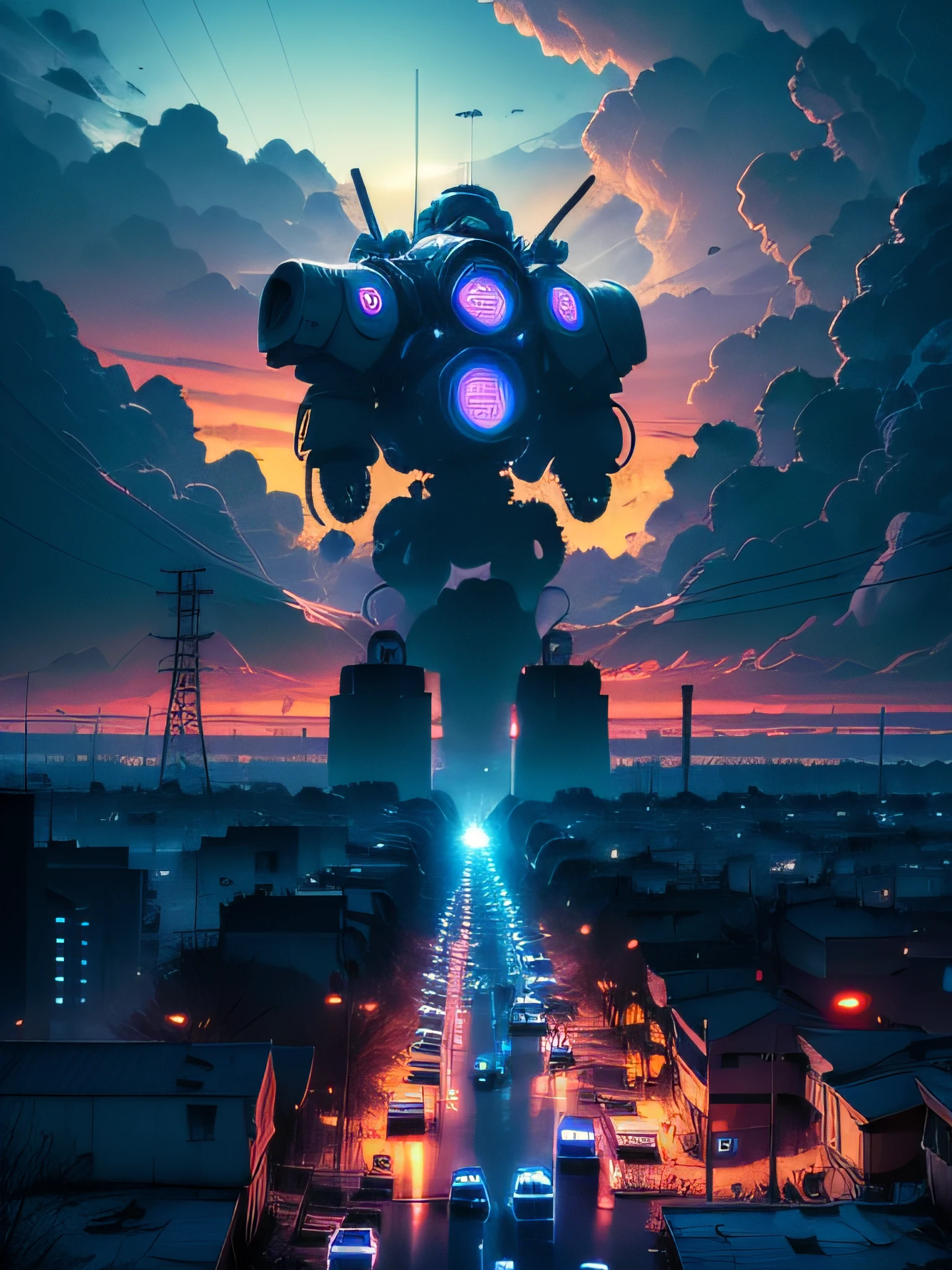 (wide view), wasteland, city ruins, (a man in front of ((huge mech wreckage)), dim light, streets, collapsed utility poles, scattered power lines, electric sparks, tattered future vehicles, garbage heaps, standing water in the big beach, rocks, dense weeds, dense dust smoke, ruined neon lights, heavy clouds, dusk, high quality, (super fine), (light detailed), detailed, accurate, 16k resolution, master works, (movie lights) , (cyberpunk style), dynamic perspective