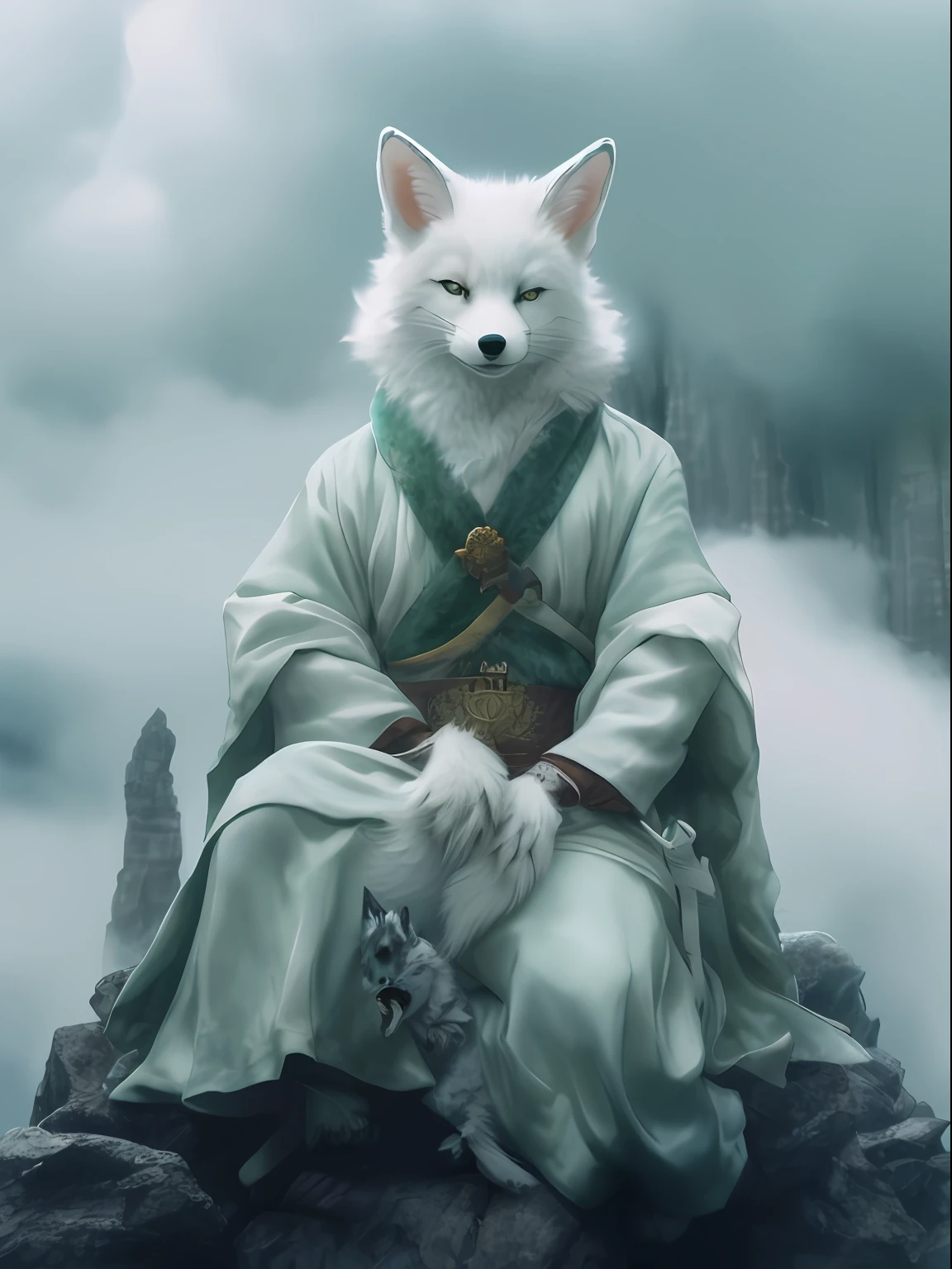 araffe dressed in a white robe sitting on a rock, white fox anime, dog as a god, Kitsune, White fox, furry fantasy art, kitsune three - tailed fox, White-haired fox, fox nobushi, kitsune inspired armor, ethereal fox, a moogle in the legend of korra, anthropomorphic fox