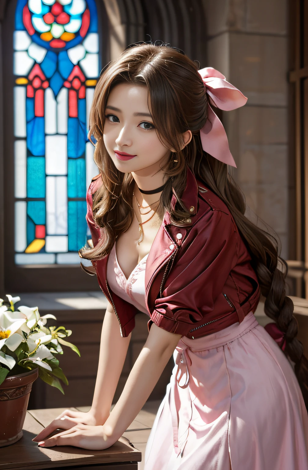 masutepiece, Best quality, large resolution, ygo, Ultra-detailed, large resolution, Very detailed CG Unity 8K Wallpapers, Perfect Artwork, Perfect female figure, 1girl in, aerith gainsborough, Choker, Cropped jacket, Hair Bow, Bracelet, Pink dress, Looking at Viewer, Leaning forward, lightsmile, Indoors, stained glass window, Flower Garden,