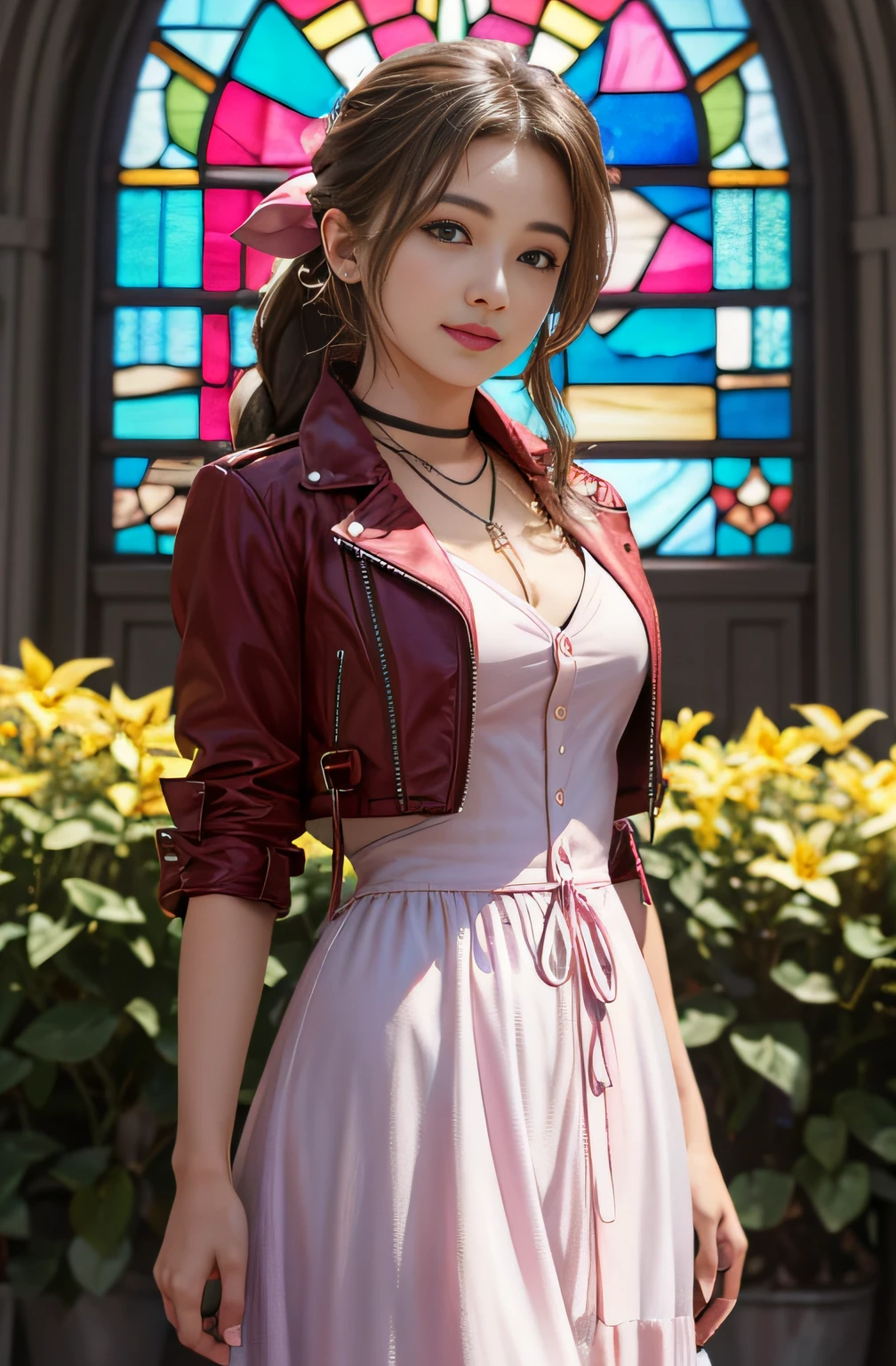 masutepiece, Best quality, large resolution, ygo, Ultra-detailed, large resolution, Very detailed CG Unity 8K Wallpapers, Perfect Artwork, Perfect female figure, 1girl in, aerith gainsborough, Choker, Cropped jacket, Hair Bow, Bracelet, Pink dress, Looking at Viewer, lightsmile, Indoors, stained glass window, Flower Garden,