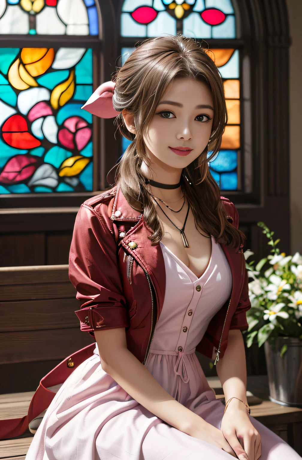 masutepiece, Best quality, large resolution, ygo, Ultra-detailed, large resolution, Very detailed CG Unity 8K Wallpapers, Perfect Artwork, Perfect female figure, 1girl in, aerith gainsborough, Choker, Cropped jacket, Hair Bow, Bracelet, Pink dress, Looking at Viewer, lightsmile, Indoors, stained glass window, Flower Garden,