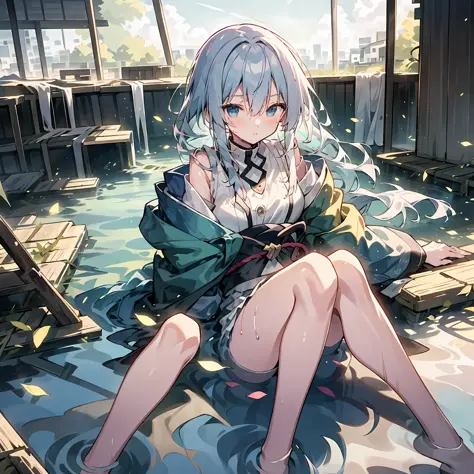 Ultra-high resolution, Japanese anime style, gray-haired girl, wet with water, translucent clothing, flowing waist-length hair, ...