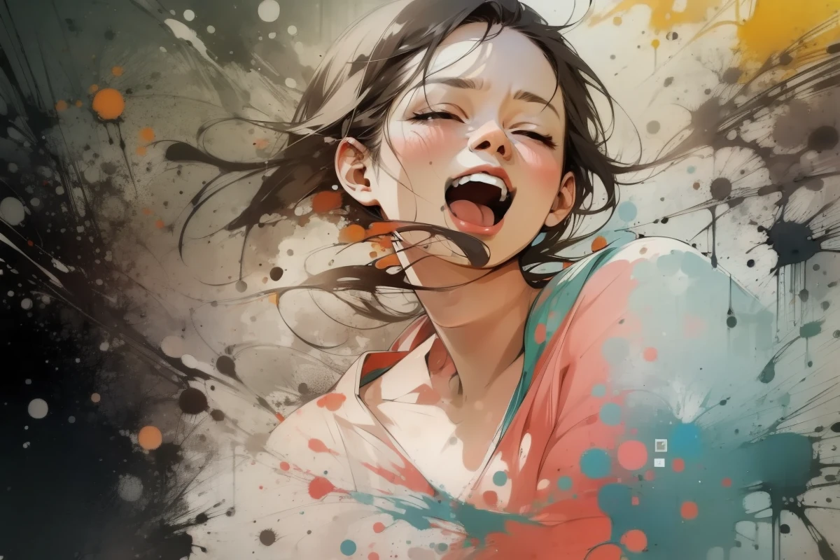 masutepiece, Best quality,
(1girl in), White background, Detailed face, Closed eyes,Big open mouth、portraitures、Solo, Simple background, Upper body, Abstract,watercolor painting \(Medium\), colorful senery, Sideways,