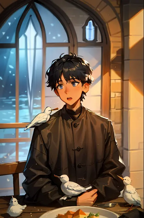 White-skinned boy，Dark blue church costume，White lining，In front of the glass stained window，white color hair，Blue eyes like the ocean，sun beam，White bird stopping at the table，Scriptures scattered on the ground