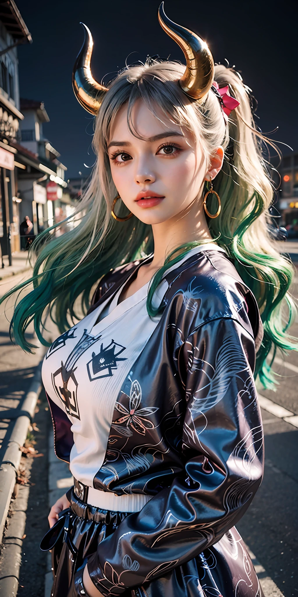 a close up of a woman with green hair and horns on her head, realistic anime 3 d style, stunning anime face portrait, anime style mixed with fujifilm, beautiful anime style, anime girl in real life, anime inspired, beautiful anime portrait, photorealistic anime, hyper realistic anime, style anime, ross tran style, anime styled digital art, realistic anime art style