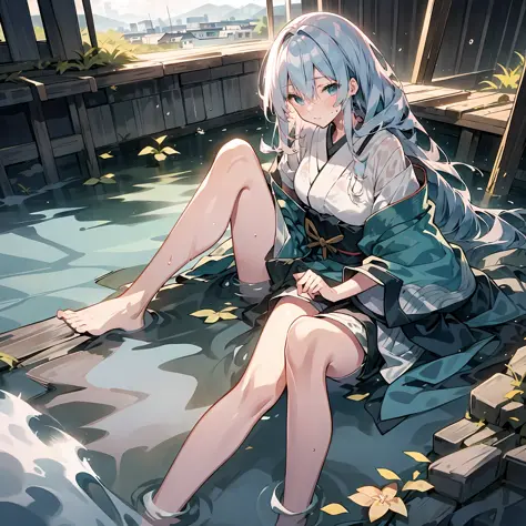 Ultra-high resolution, Japanese anime style, gray-haired girl, Wet with water, Translucent clothing, flowing waist-length hair, ...