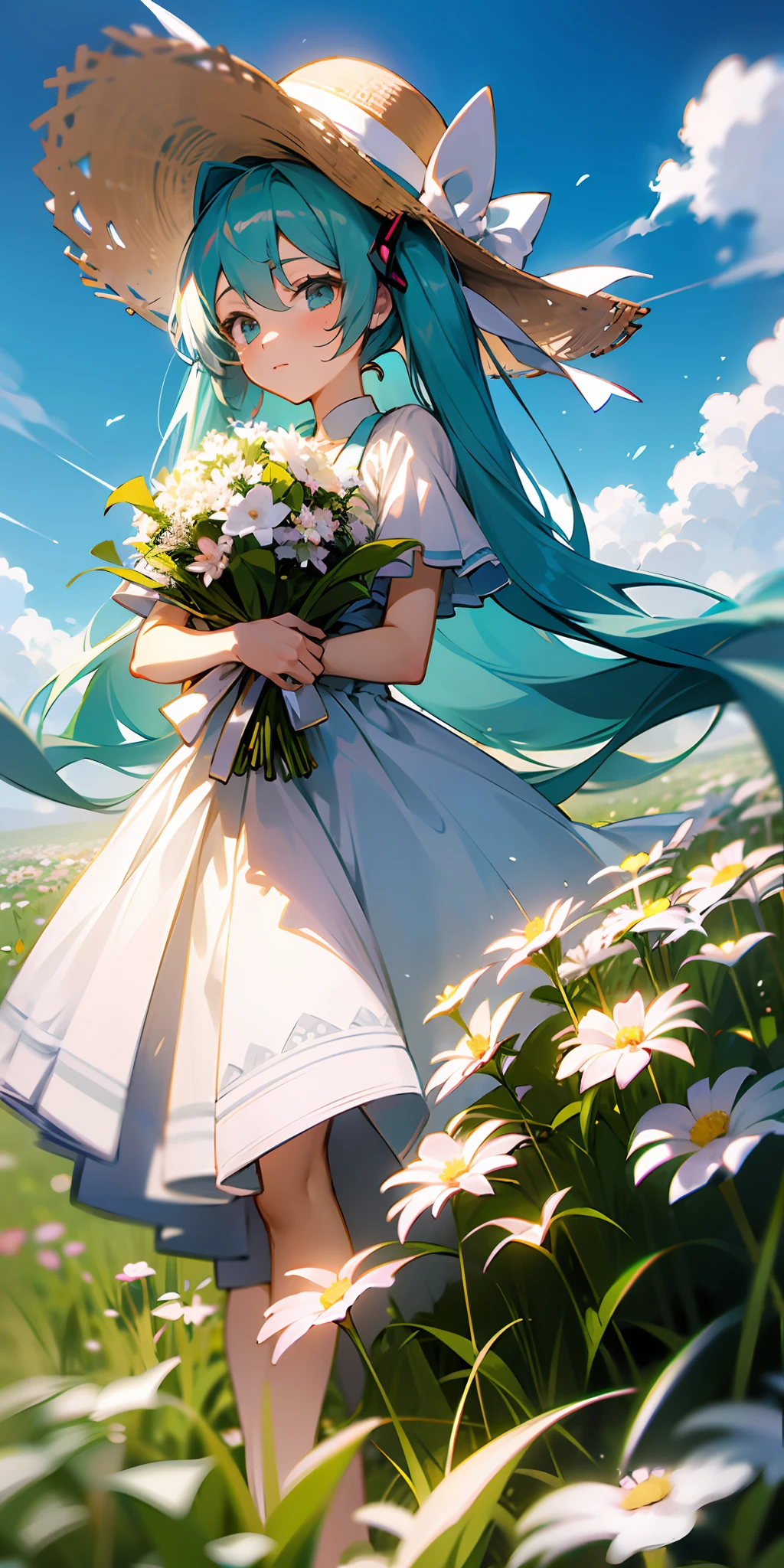 kahuka1, 1girl, flower, dress, solo, hat, white dress, long hair, bouquet, white flower, holding, outdoors, field, white headwear, flower field, holding bouquet, skirt hold, standing, sun hat, ribbon, holding flower, hatsune miku, bow, aqua hair,light,sunlight