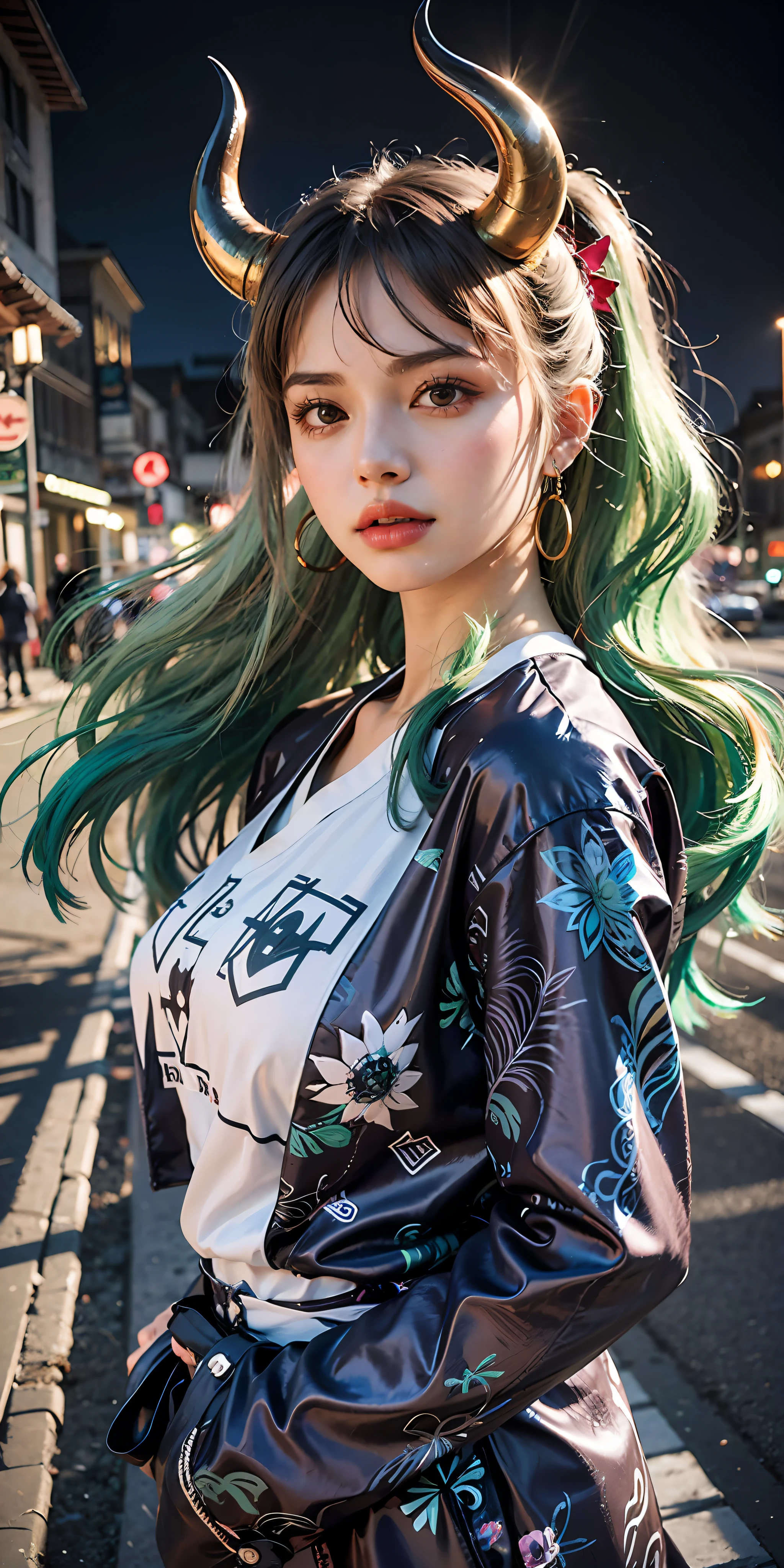 a close up of a woman with green hair and horns on her head, realistic anime 3 d style, stunning anime face portrait, anime style mixed with fujifilm, beautiful anime style, anime girl in real life, anime inspired, beautiful anime portrait, photorealistic anime, hyper realistic anime, style anime, ross tran style, anime styled digital art, realistic anime art style