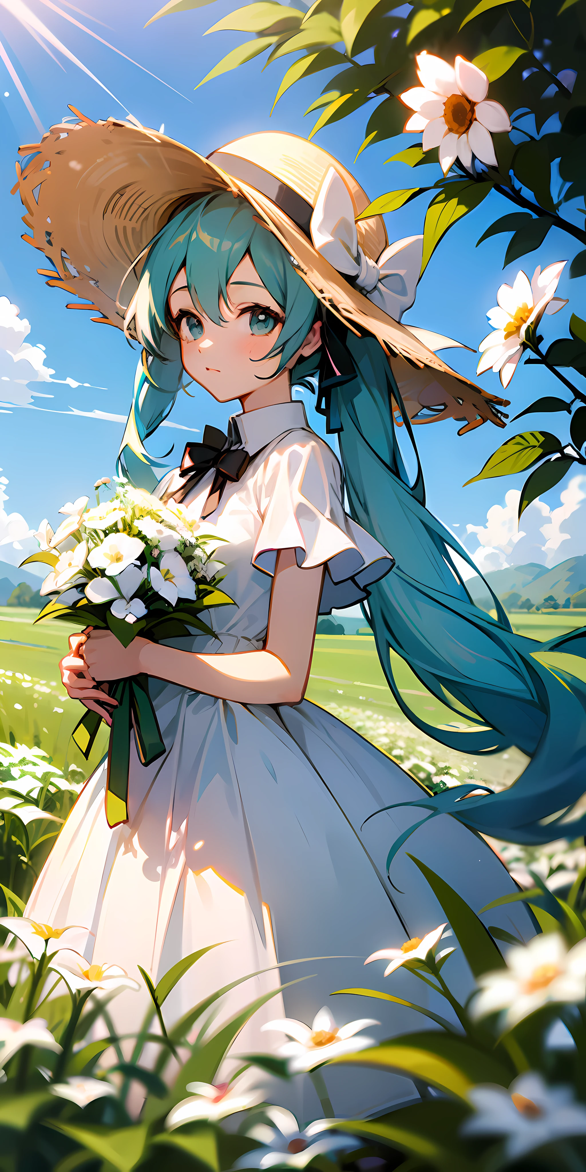 kahuka1, 1girl, flower, dress, solo, hat, white dress, long hair, bouquet, white flower, holding, outdoors, field, white headwear, flower field, holding bouquet, skirt hold, standing, sun hat, ribbon, holding flower, hatsune miku, bow, aqua hair,light,sunlight