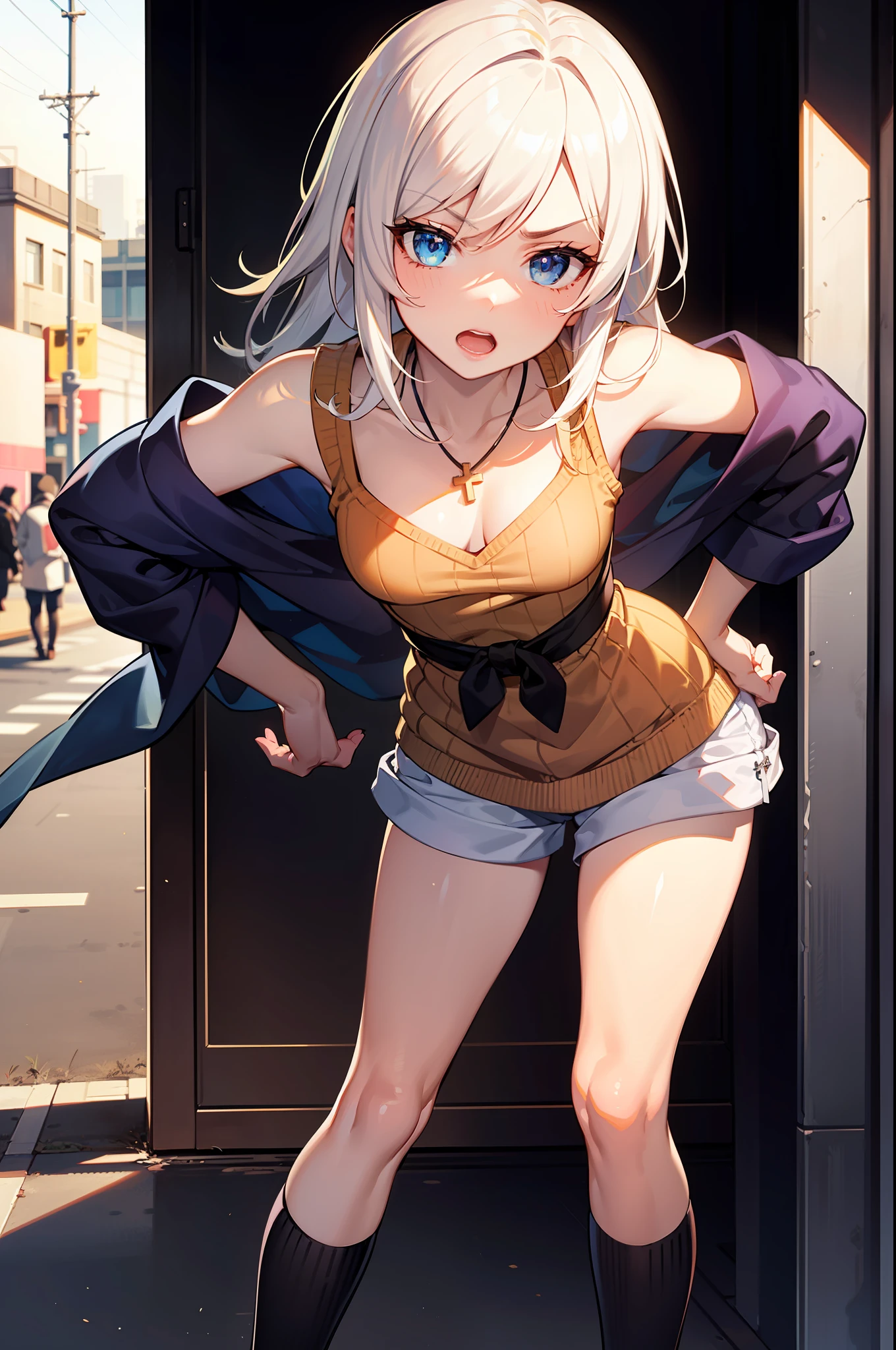 巨作, Best quality, 巨作,Best quality,offcial art,Extremely fine CG uni crewneck y 8k wallpaper, golden hour lighting, strong rimlight, intense shadow, at cyberpunk city, art book, Medium hair, White hair,  Blue eyes, Small breasts, Sleeveless shirt, upshorts, kneehighs, jitome, half-closed eye, :crewneck, ((hair shawls)),hair between eye,（A look of disdain），（Gradient hair）,dyed bangs,Cross necklace，hand on hips,Leaning forward,Open mouth,Naughty face,thin,a little angry,Long hair