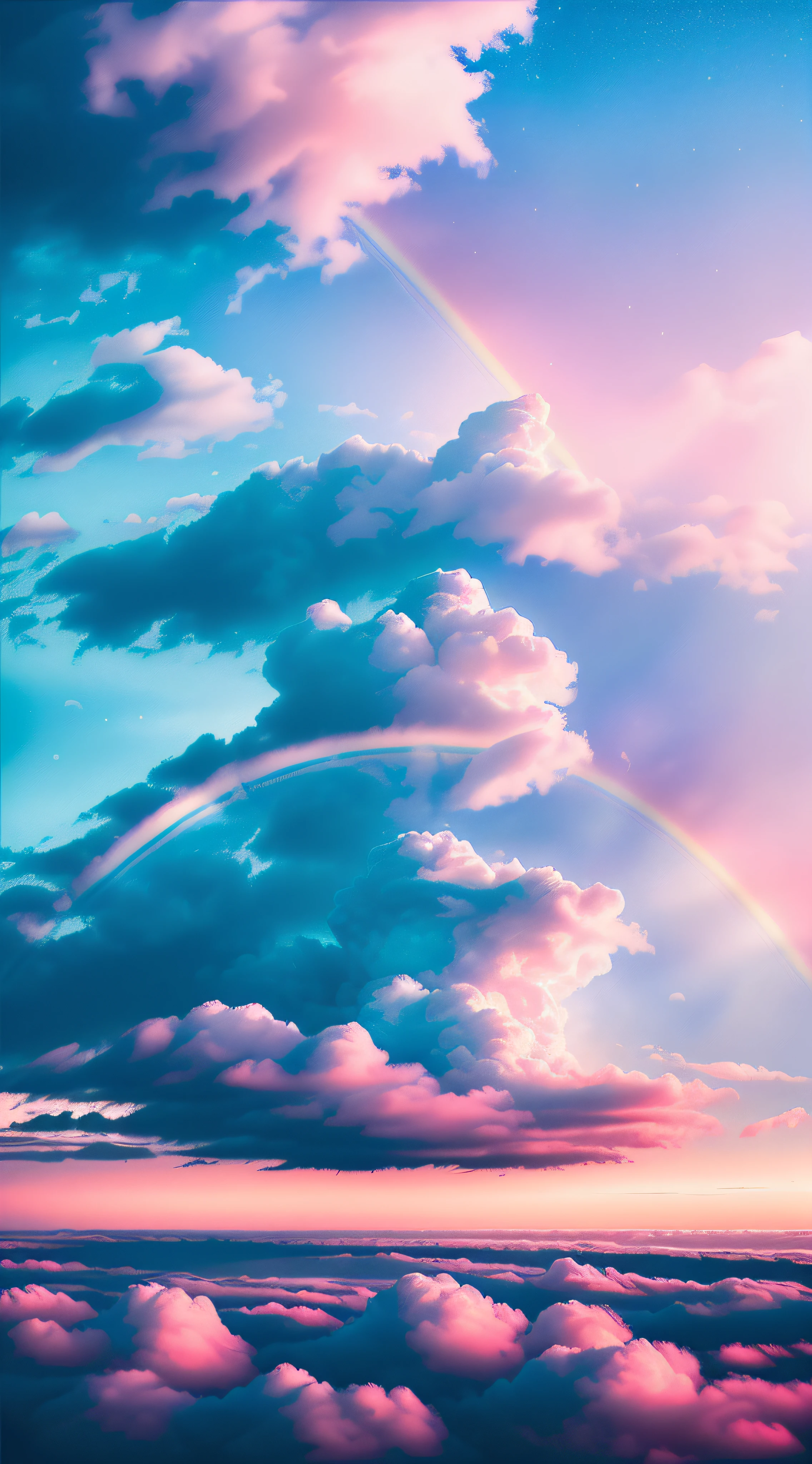 (((Masterpiece)))), (((highest quality)))), ((Super detail)), (Highly detailed CG illustration), 10K, Cinematic golden light, Intricate details,Close-up of a giant flying in the clouds, pink haze, white fluffy clouds, ocean below, (((rainbow)), (Shining stars), (8 0s))))), 4K, DSLR photography, high quality, volumetric lighting, ((( Watercolor)), ((Painting)), depth of field, high detail, panorama, Agnes Cecil, colorful, carne griffith, hyperdramatic, beautiful cloud shapes