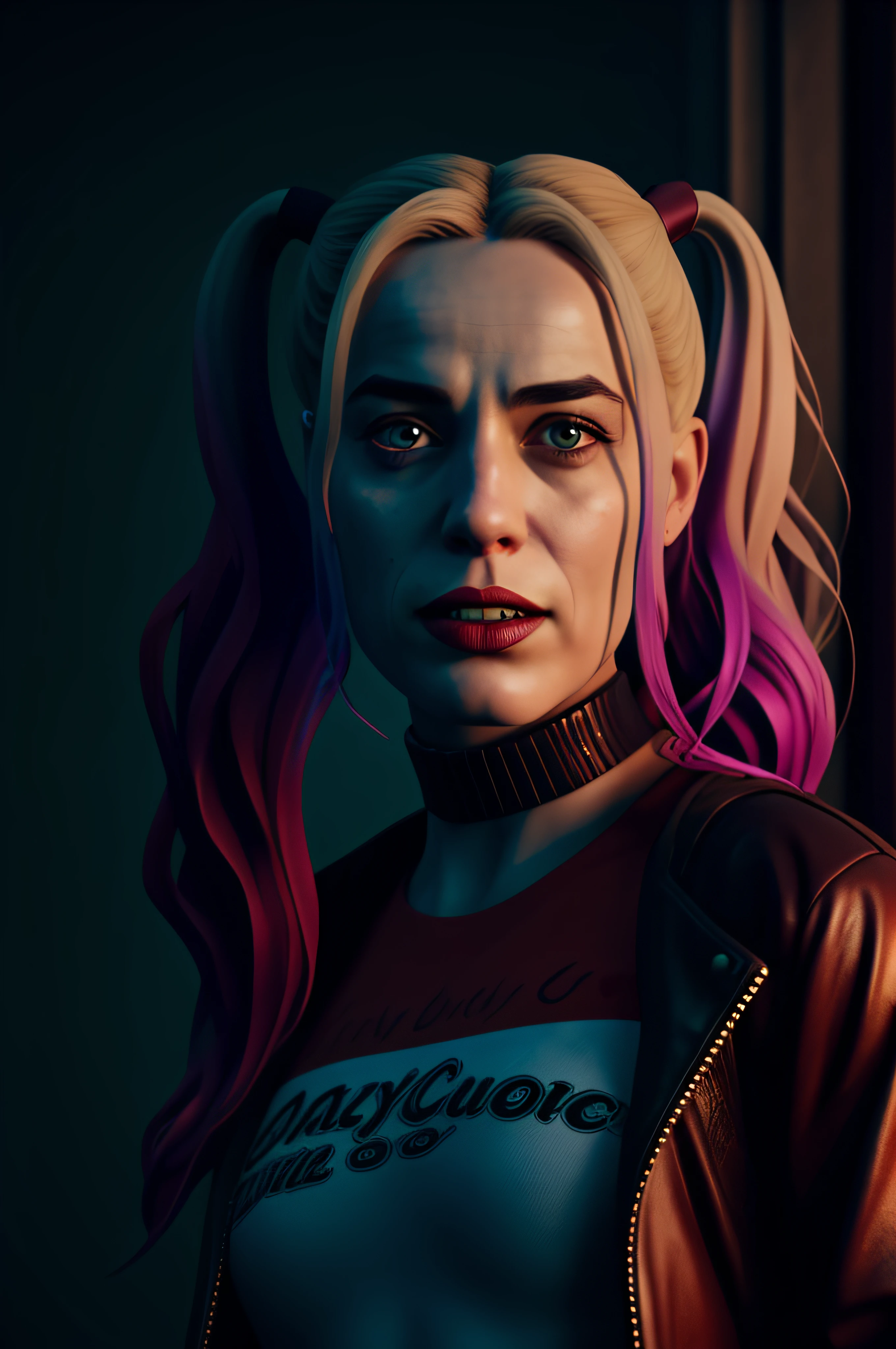 Wunderschöne Nahaufnahme der hinreißenden Harley Quinn auf der Straße, trägt eine schwarze Lederjacke, Dynamisch pose, sexy, kokett, spielerisch, 32K Auflösung, fotorealistisch, Hyperrealistisch, hyperdetailliert, hyperdetailliert face, hyperdetailliert hair, hyperdetailliert eyes, hyperdetailliert mouth, beste Qualität, natürlich aussehend, Leben wie, triadische Farben, Komplementärfarben, volumetrische Beleuchtung, Dynamisch lightning, Seitenlicht, Epos, filmisch, Dynamisch, dramatisch, atemberaubend, Fantasy-Konzeptkunst, perfekt, glatt, orange, Rot, rosa und violette Farbtöne, bunt, Helle Farben, tiefe Farben, Farbtiefe