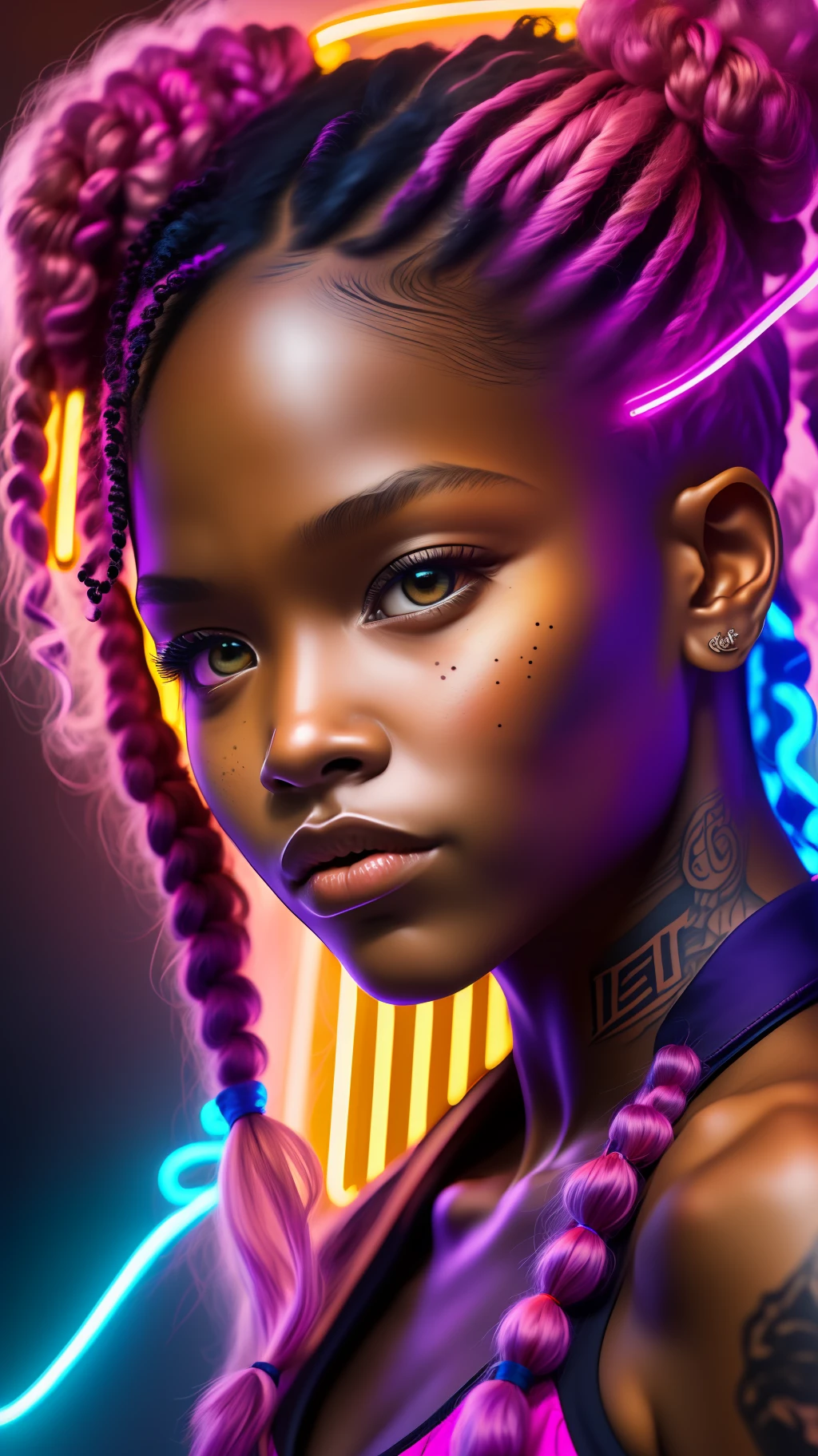 (FOTO 8K RAW ULTRA REALISTA neon)ROSTO de menina de 15 anos AFRO AMERICANA,Cabelo pigtails,com sardas e manchas na pele, tatuagens no rosto, fleshy lips , Looking at camera from the bottom up ,fundo escuro preto