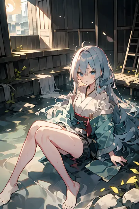 ultra-high resolution, japanese anime style, gray-haired girl, wet with water, translucent clothing, flowing waist-length hair, ...