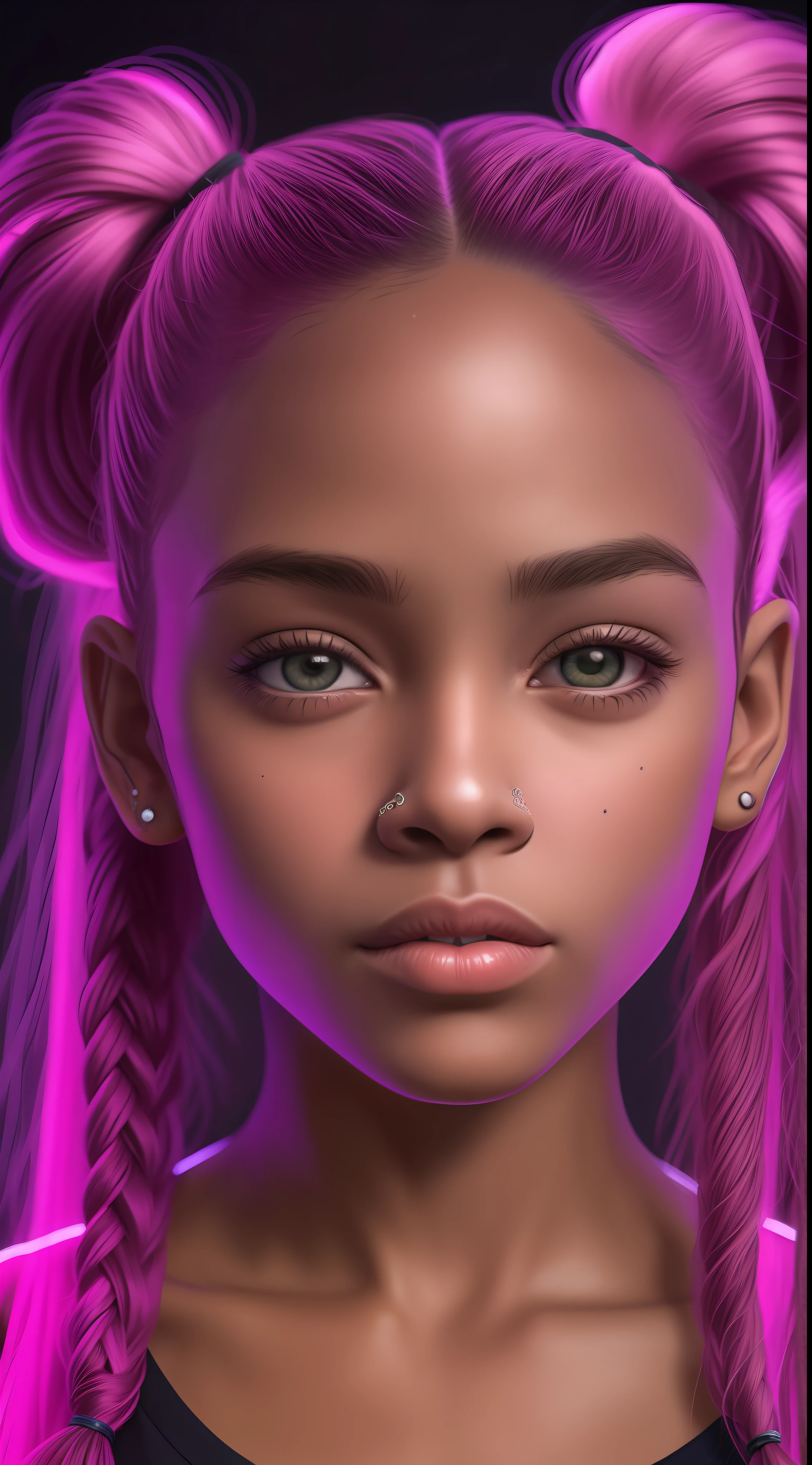 (ULTRA REALISTIC 8K RAW PHOTO neon)FACE 1 15 year old AFRO AMERICAN,Cabelo pigtails,with freckles and spots on the skin, Tattoos on the face, fleshy lips , Looking at camera from the bottom up ,darkness background ,( cinematic images)