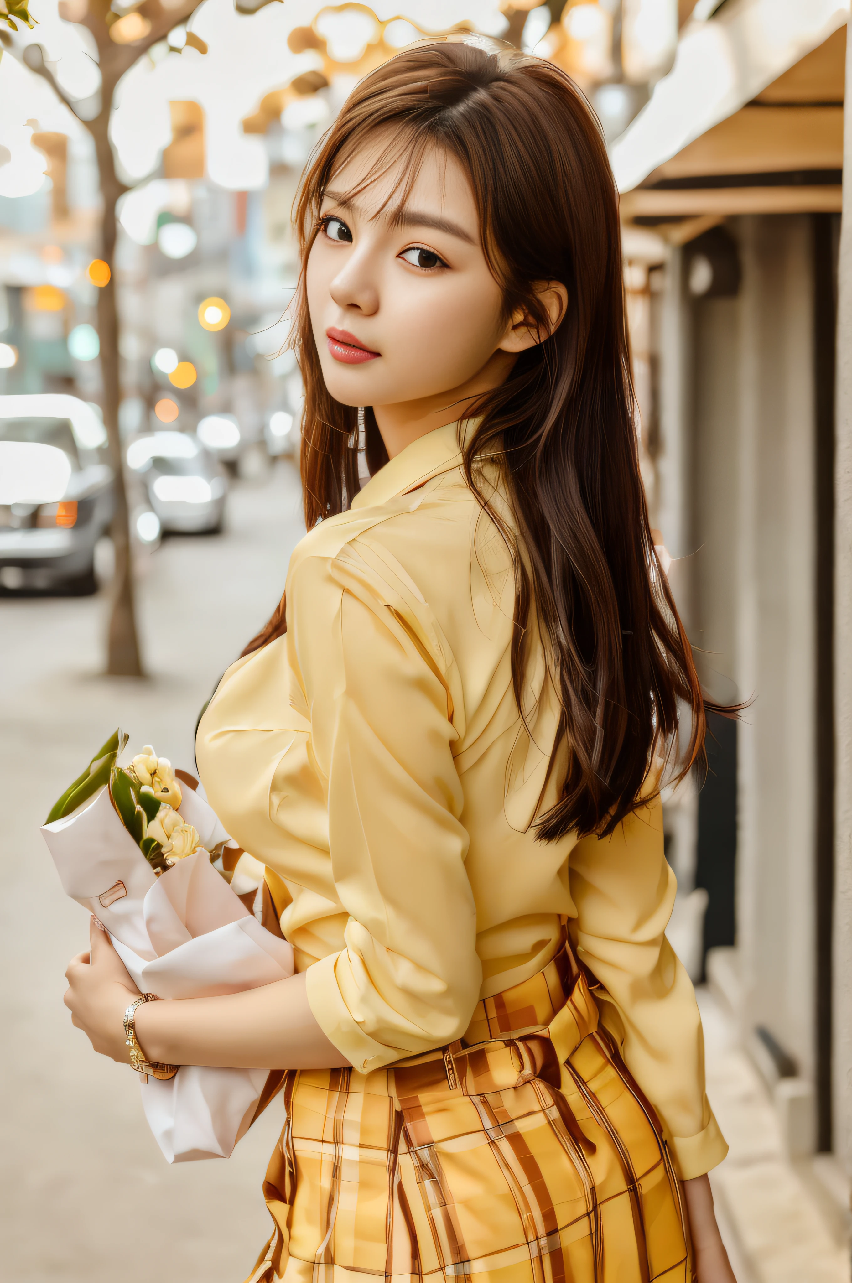 Hay una mujer parada en la calle con un ramo., hermosa joven coreana, muchacha coreana, Hermosa joven coreana, hermosas mujeres coreanas, Modelo de moda femenina coreana, ulzzangs, Jaeyeon Nam, mujer coreana, sakimichan, joven y adorable rostro coreano, retrato de mujer ídolo coreana, Choi Hong Hwa, linda actriz coreana、ojos amables、una leve sonrisa、luz suave、Nítida pero calidad de imagen、hdr、 --auto