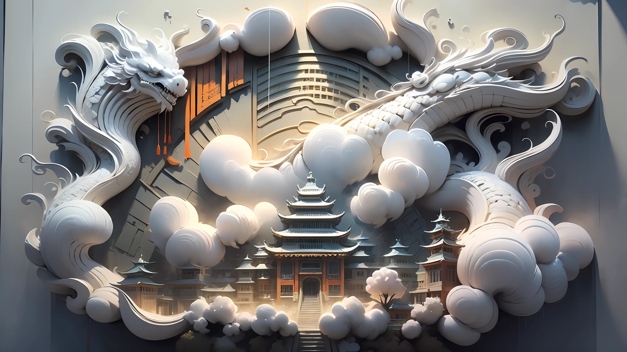 3D white relief，Crafted with meticulous precision，White ivory carving，Chinese illustration on white background，downy，Traditional Chinese style，Oriental landscape painting，Multidimensional paper fog on crafts，Chinese style buildings，super wide angle view，dreammy，8K，𝓡𝓸𝓶𝓪𝓷𝓽𝓲𝓬，A high resolution，8K，（white colors：1.3）drak