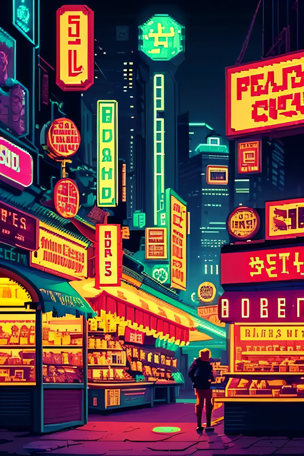 ((Pixel Kunst)) alte Stadt, Nacht, Leuchtreklamen