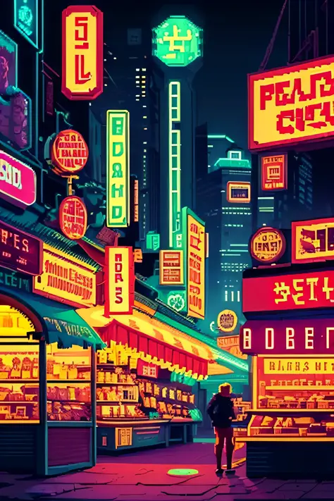((pixelart)) old city, night, neon signs