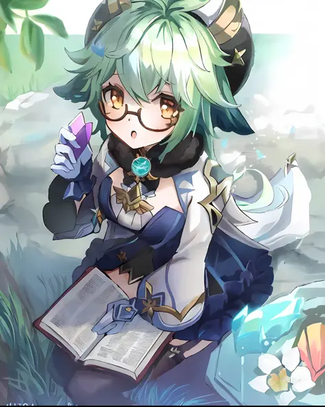 anime girl with green hair and horns holding a book, alchemist girl, splash art anime loli, Genshin, shadowverse style, genshin ...
