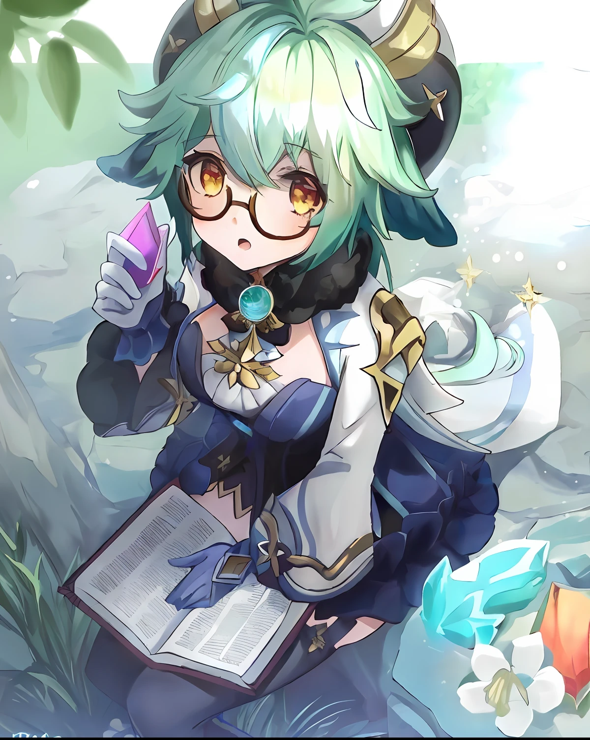 anime girl with green hair and horns holding a book, alchemist girl, splash art anime loli, Genshin, shadowverse style, genshin impact character, Ayaka Genshin impact, character art of maple story, 《genshinimpact》in the clear, crisp clear rpg portrait, anime moe art style, beautiful celestial mage, From Arknights, ayaka game genshin impact