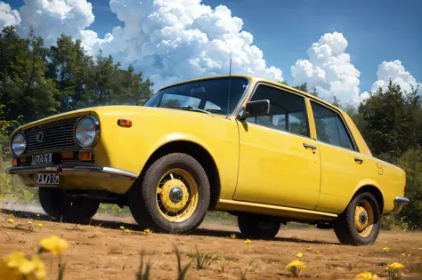 realistic photo of a lada, Car,  on yellow field, honeybee, Diathorn,