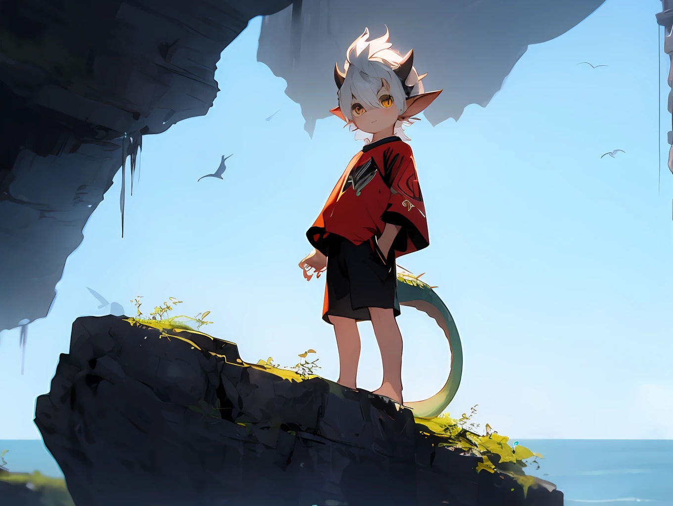 anime - image de style d&#39;un jeune garçon debout sur un rocher devant l&#39;océan, art conceptuel par Shitao, Pissif, art à fourrure，Tendances sur ArtStation pixiv, Oeuvre de style Guviz, Lalafell, Guviz, Guweiz sur ArtStation Pixiv, jeune dragon anthropo mâle，Écailles blanches，cheveux blancs，Photos en gros plan，（Légèrement gras），coup de soleil