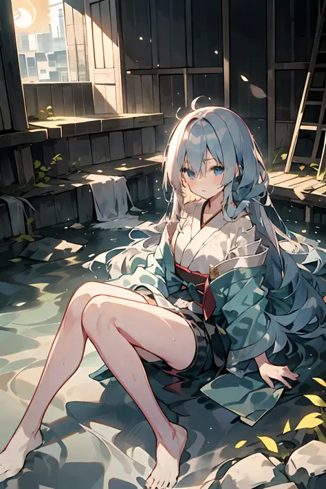 Ultra-high resolution, Japanese anime style, gray-haired girl, Wet with water, Translucent clothing, flowing waist-length hair, ...