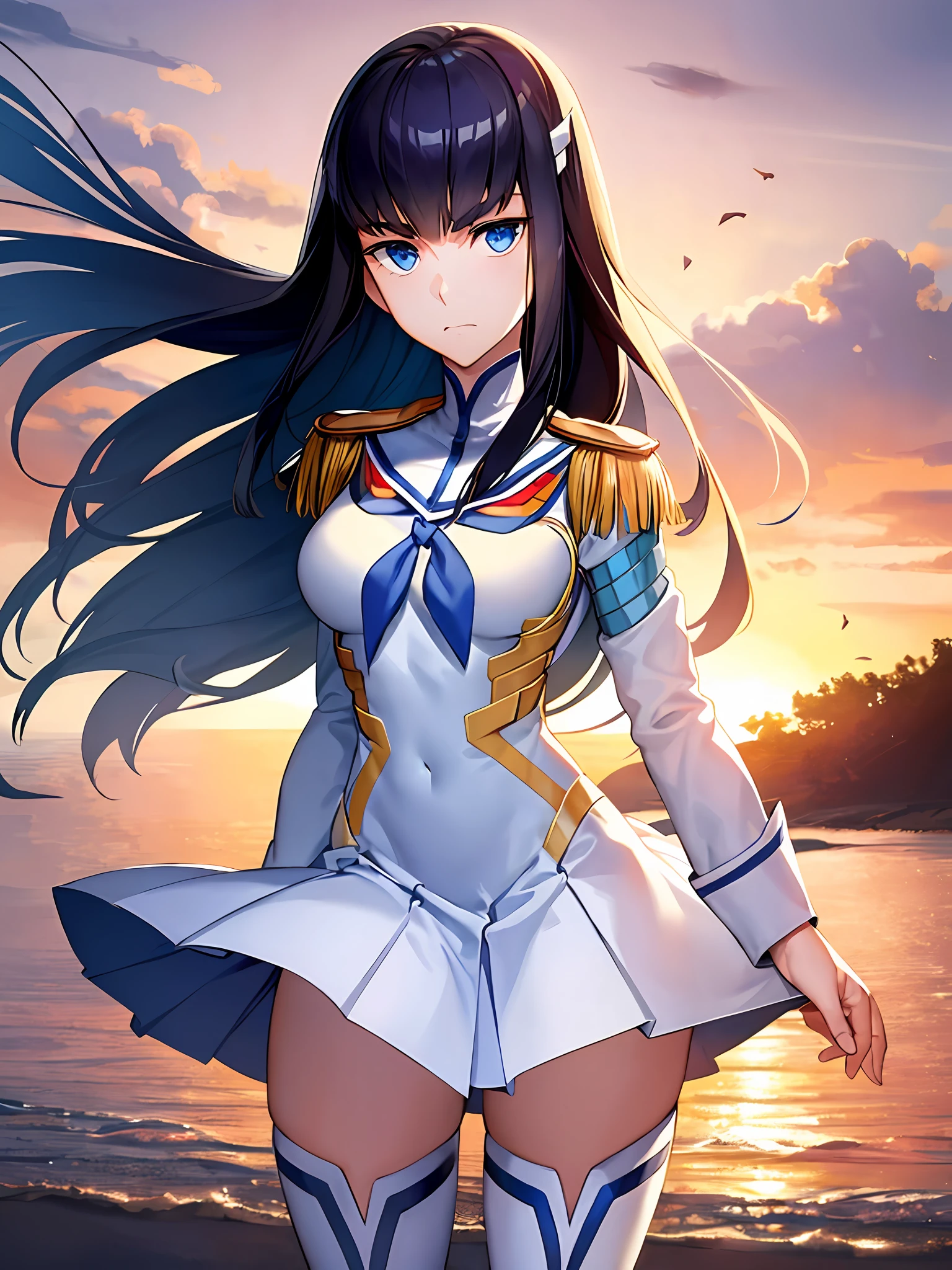 beautiful, masterpiece, best quality, extremely detailed face,  perfect lighting, 1girl, solo, kiryuin satsuki, blue eyes, junketsu, epaulettes, school uniform, skirt, white thigh boots, cowboy shot,