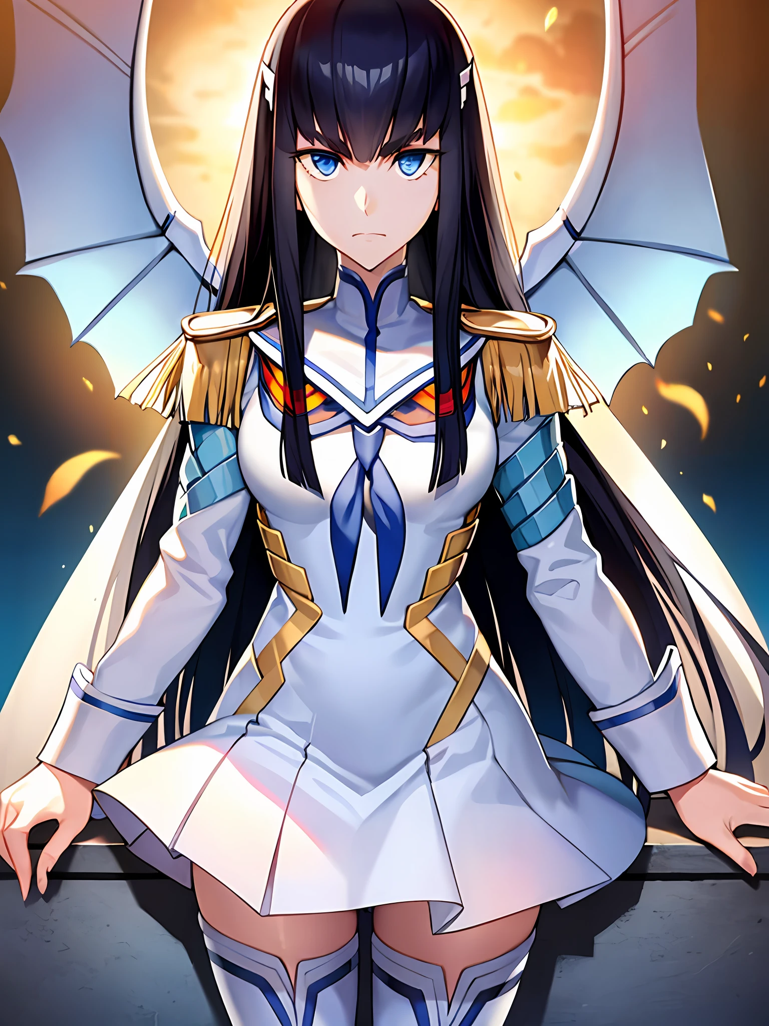 beautiful, masterpiece, best quality, extremely detailed face,  perfect lighting, 1girl, solo, kiryuin satsuki, blue eyes, junketsu, epaulettes, school uniform, skirt, white thigh boots, cowboy shot,