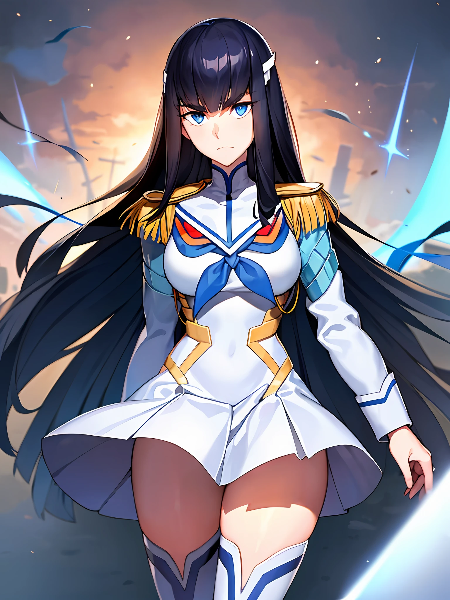 beautiful, masterpiece, best quality, extremely detailed face,  perfect lighting, 1girl, solo, kiryuin satsuki, blue eyes, junketsu, epaulettes, school uniform, skirt, white thigh boots, cowboy shot,