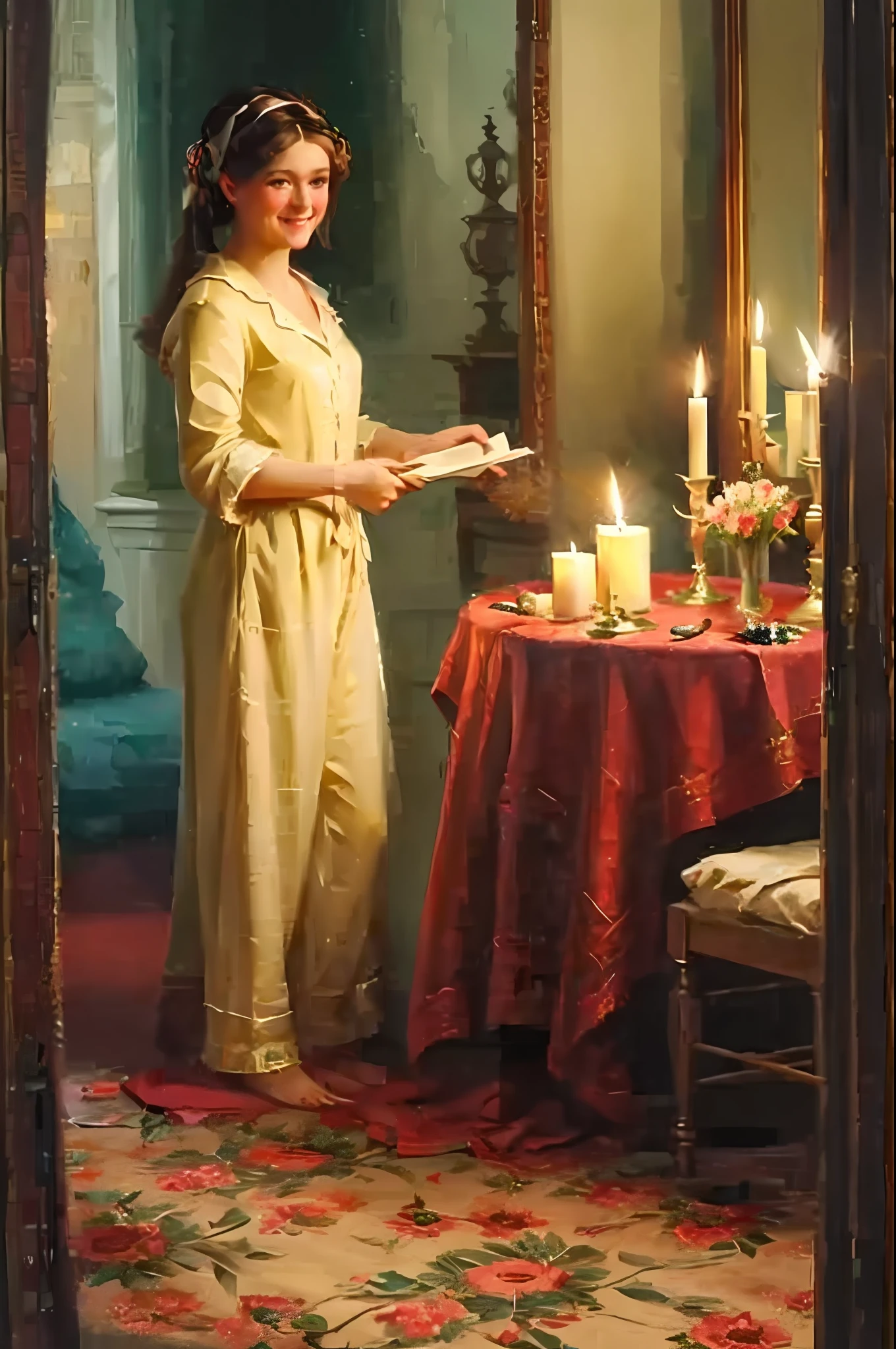 Age of Enlightenment, A girl of Slavic appearance with an enthusiastic and playful look, with a characteristic smile, in night pajamas and stockings, stands in the boudoir, holding the door;, which the gentleman is trying to open, Legs, Stucco, mahogany ladies' table with mirror, carpet on the floor, Clothes scattered around the room, dim candle lighting, Candlelight illuminates the interior, style and technique performed by the artist Hans Zatzka, ​masterpiece, Detailed, 8K, Classical Russian painting