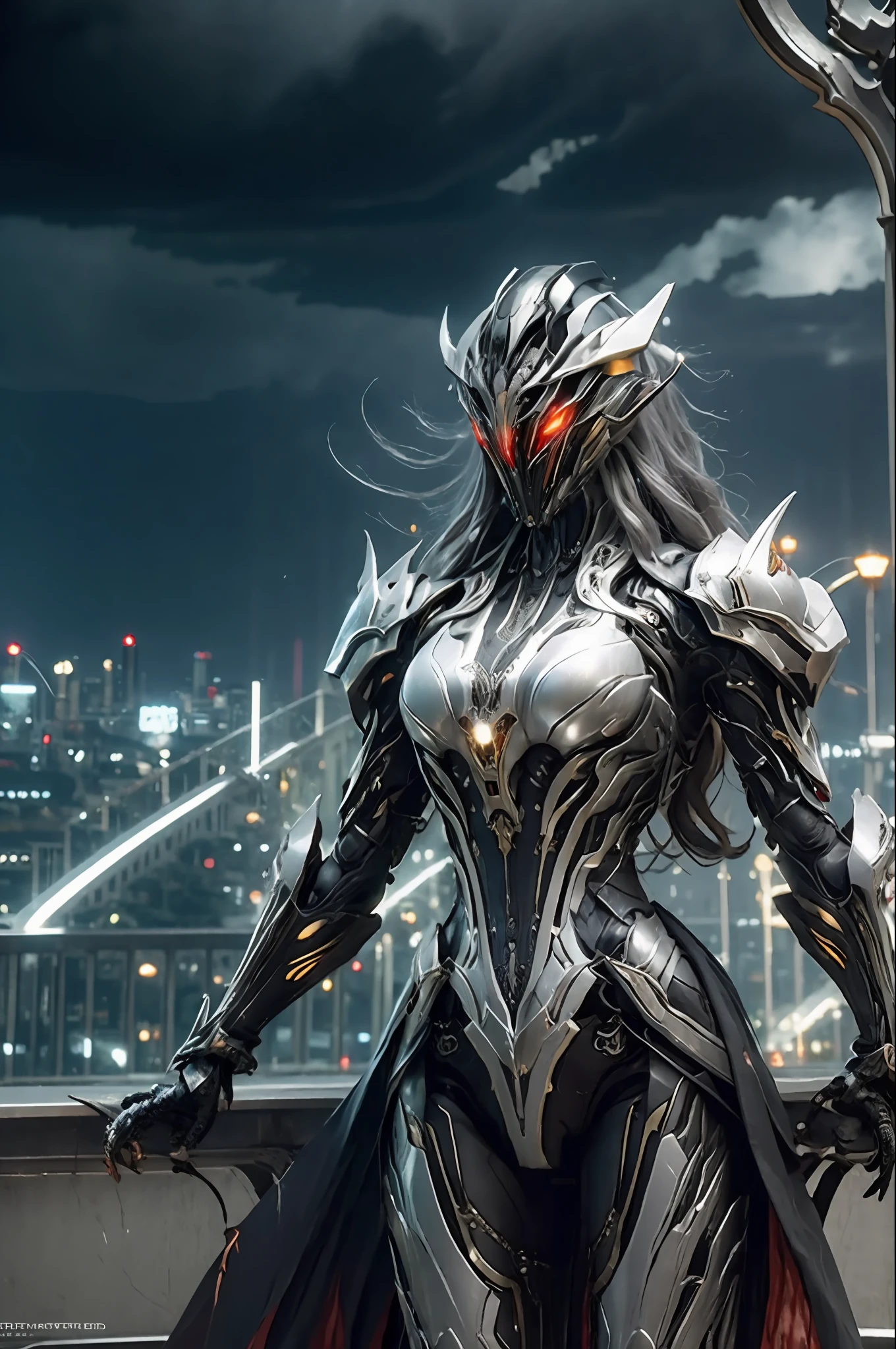 1 japanese girl, WARFRAME, intricate pattern, heavy metal, energy lines, faceless, glowing eyes, long silver hair, wind blown hair,  elegant, intense, blood red and black uniform, solo, modern, city, streets, dark clouds, thunderstorm, heavy rain,
dramatic lighting,
(masterpiece:1.2), best quality, high resolution,   beautiful detailed, extremely detailed, perfect lighting,