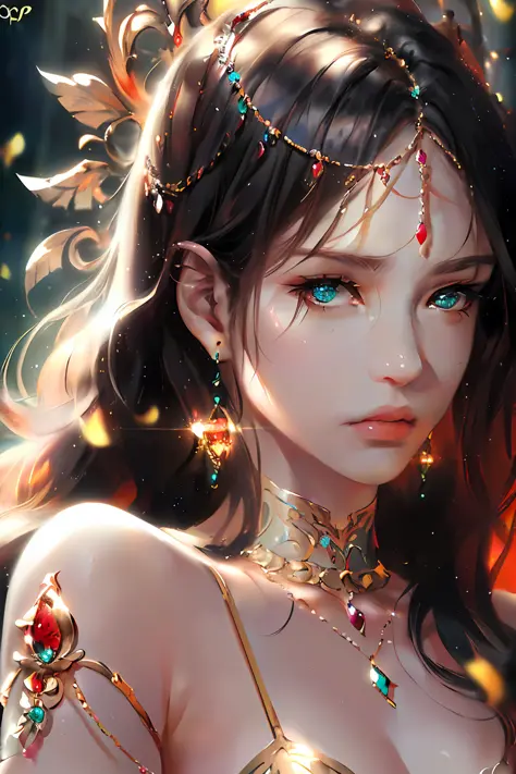 masterpiece, best quality, 1girl, half body, sad princess, fantasy, ((painting by wlop)) from artstation, glitter jewelry, glare...