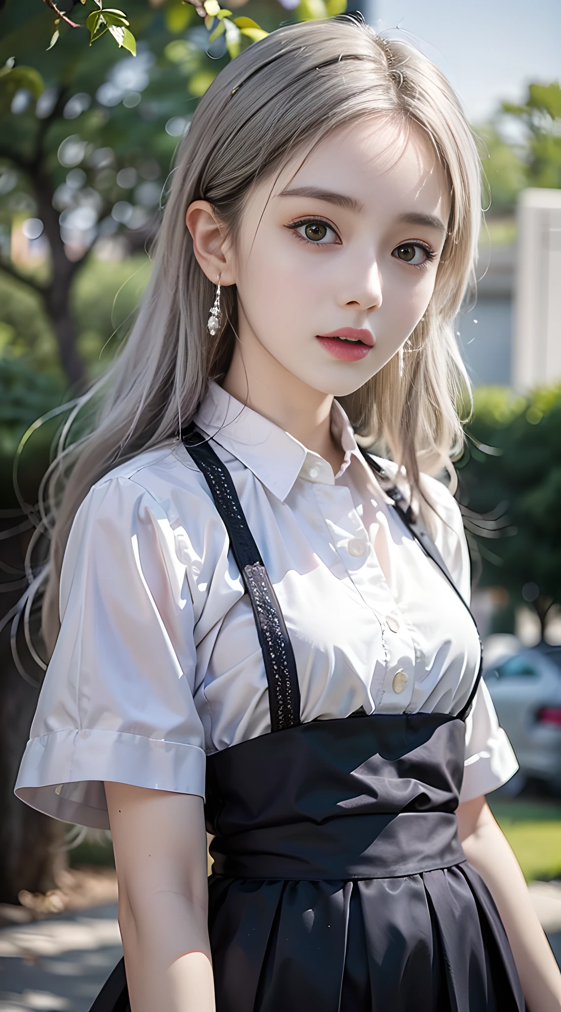 there is a woman that is posing for a picture in a park, sakimichan, Perfect white haired girl, Anime girl in real life, Urzan, 🌺 CGSesociety, cruel korean goth girl, style anime, Korean girl, shikamimi, JK school uniform, white shirt and grey skirt, Surrealism female student, sensual gloomy style, anime-inspired