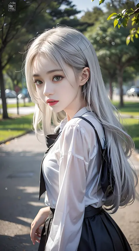 there is a woman that is posing for a picture in a park, sakimichan, Perfect white haired girl, Anime girl in real life, Urzan, ...