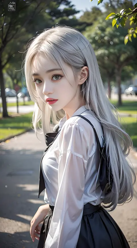 there is a woman that is posing for a picture in a park, sakimichan, perfect white haired girl, anime girl in real life, urzan, ...