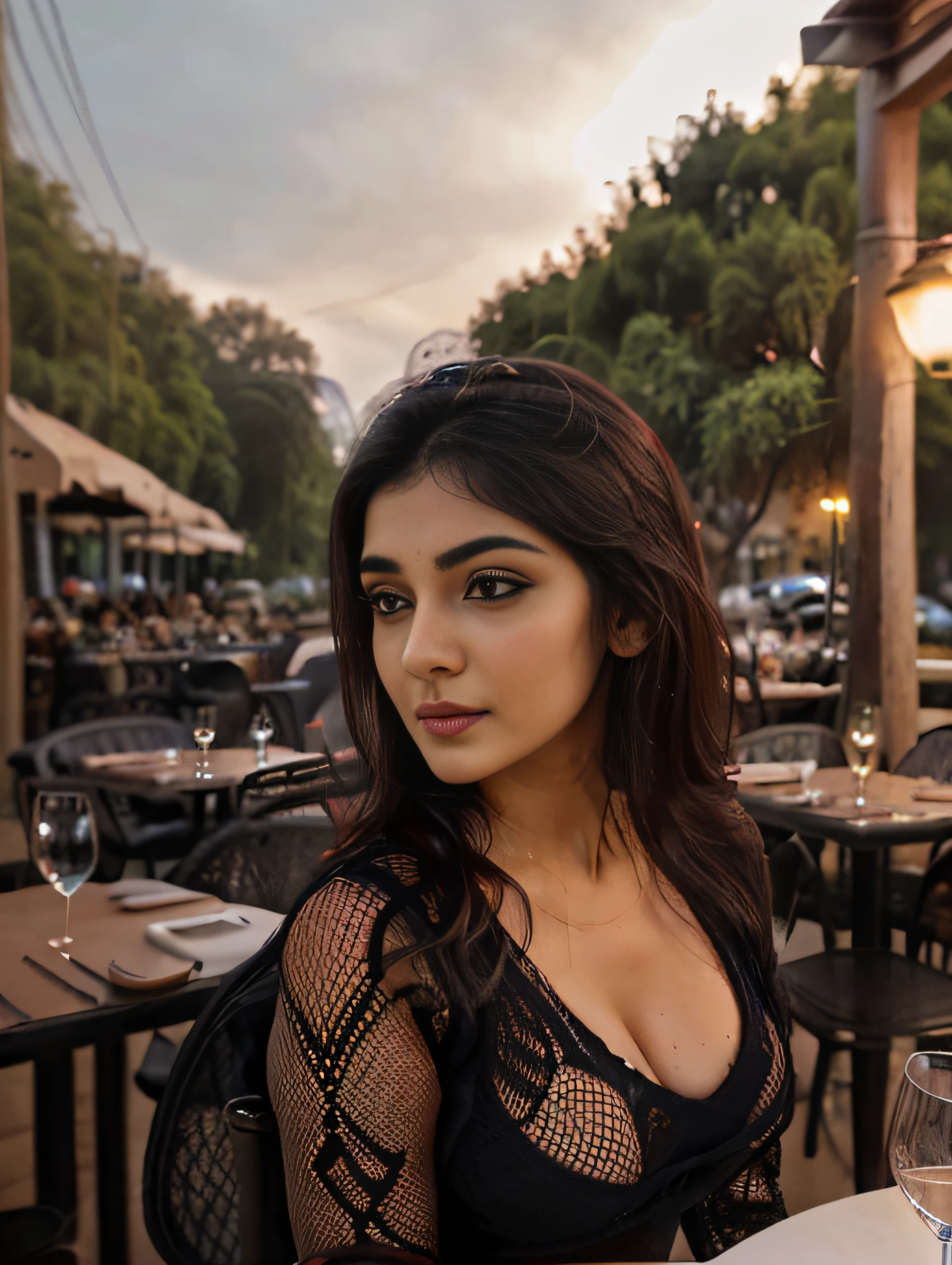 Raw photo, realistic,girl,Indian girl,age 22, full body,pale skin, body, beautiful face, detailed face,black fishnet sweater dress,big breasts, upper body, sitting, cowboy shot, outdoor, night, restaurant, ((looking at viewer:1.4)),((face towards me)), from below,side profile